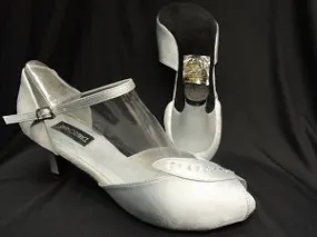 2.38" Charlotte -- Closed Back/Open Toe Ballroom Shoe -- Silver Satin Busy Path Clear Glow