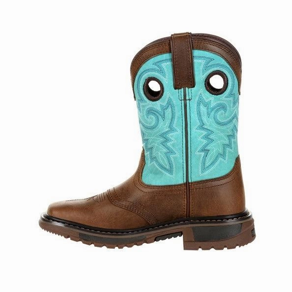 Rocky Childrens and Youth Original Ride Brown & Teal Western Boots RKW0299 Modern Comfort Rain Shield