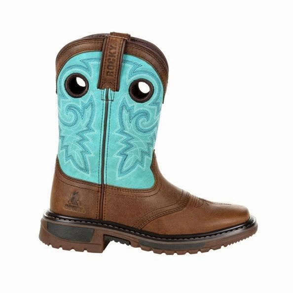 Walking Comfort Rocky Childrens and Youth Original Ride Brown & Teal Western Boots RKW0299
