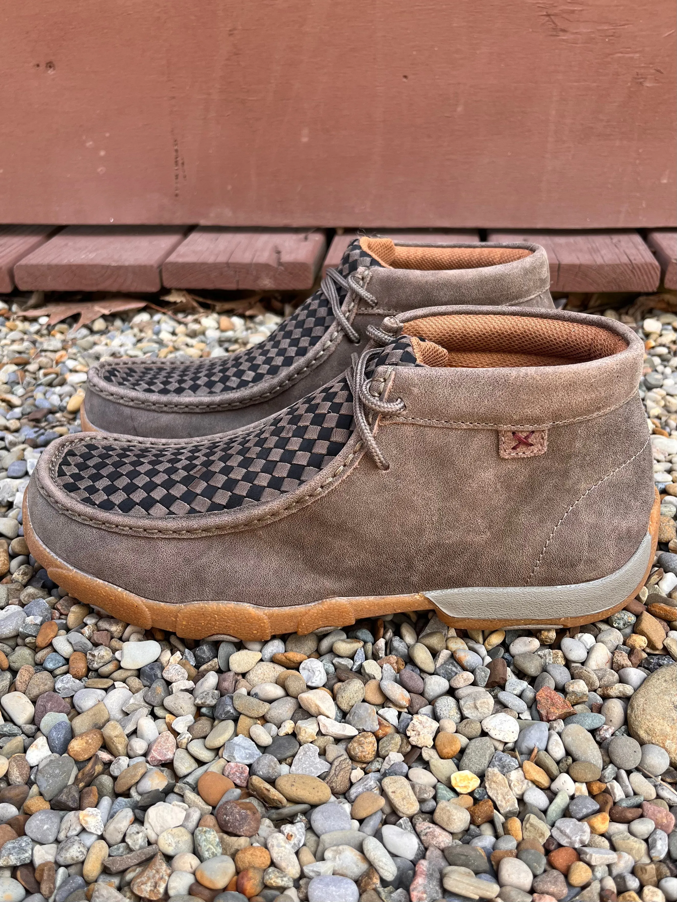 Twisted X Men's 4" Chukka Taupe Grey & Black Basketweave Leather Driving Moc Shoe MDM0097 Buckle Fit Sport Active