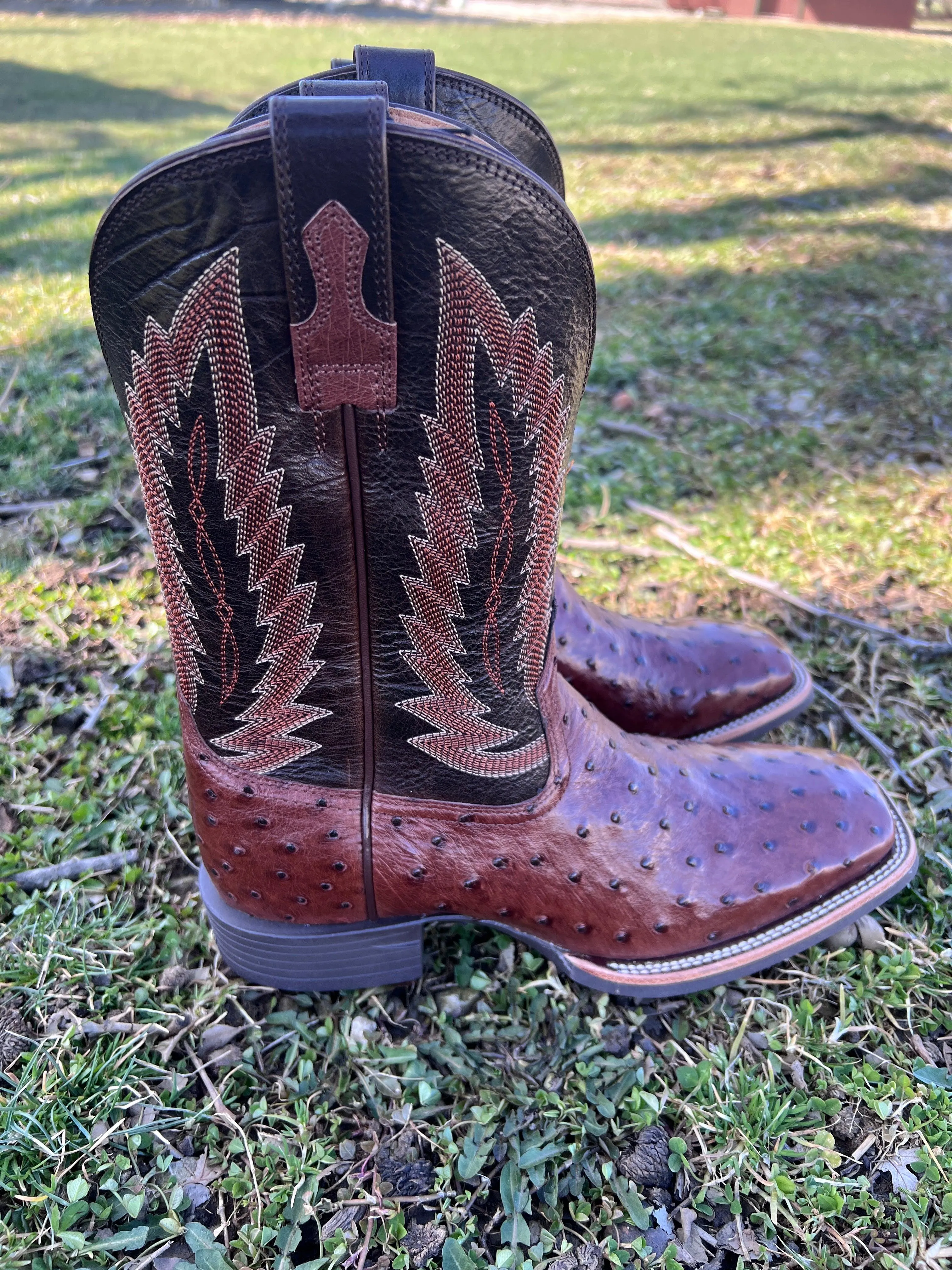 Ariat Men's Quantum Tobacco Ostrich Square Toe Cowboy Boots 10040304 Padded Tongue Street Sound