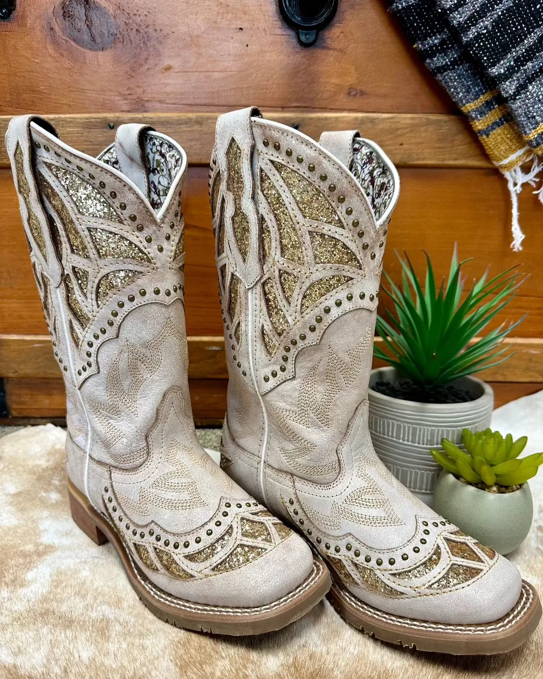 Laredo Women's Bone White Eternity Gold Sparkle Underlay Square Toe Cowgirl Boots 5867 Support Foot Comfort Buckles