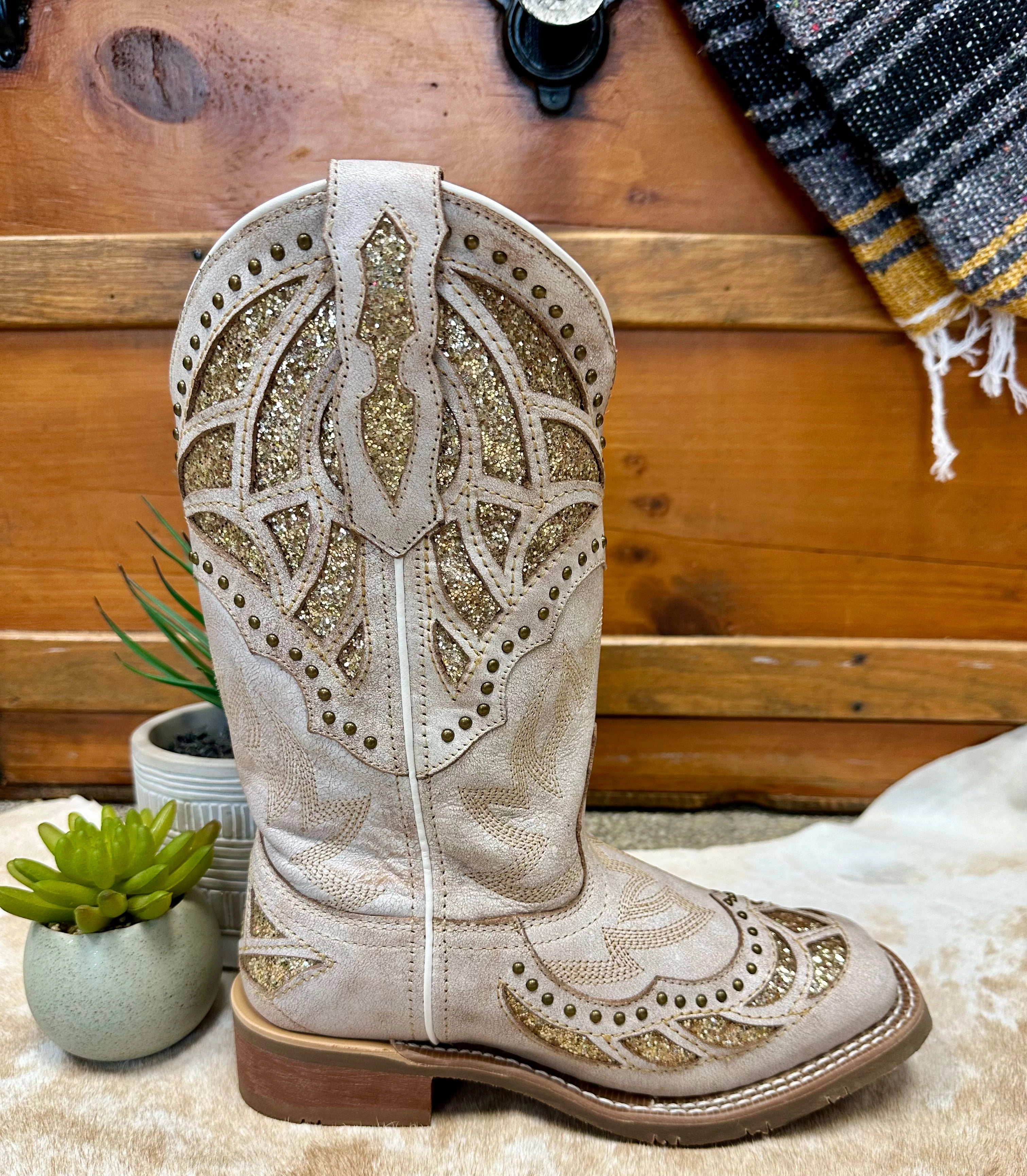 Laredo Women's Bone White Eternity Gold Sparkle Underlay Square Toe Cowgirl Boots 5867 Lace-Up Closure
