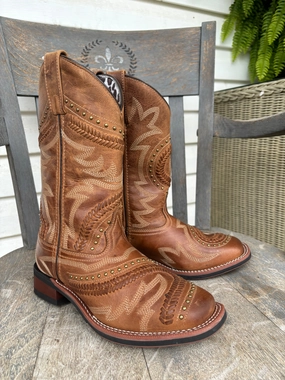 Laredo Women's Charli Tan Bucklace Stitched & Studded Square Toe Cowgirl Boots 5893 Walk Support