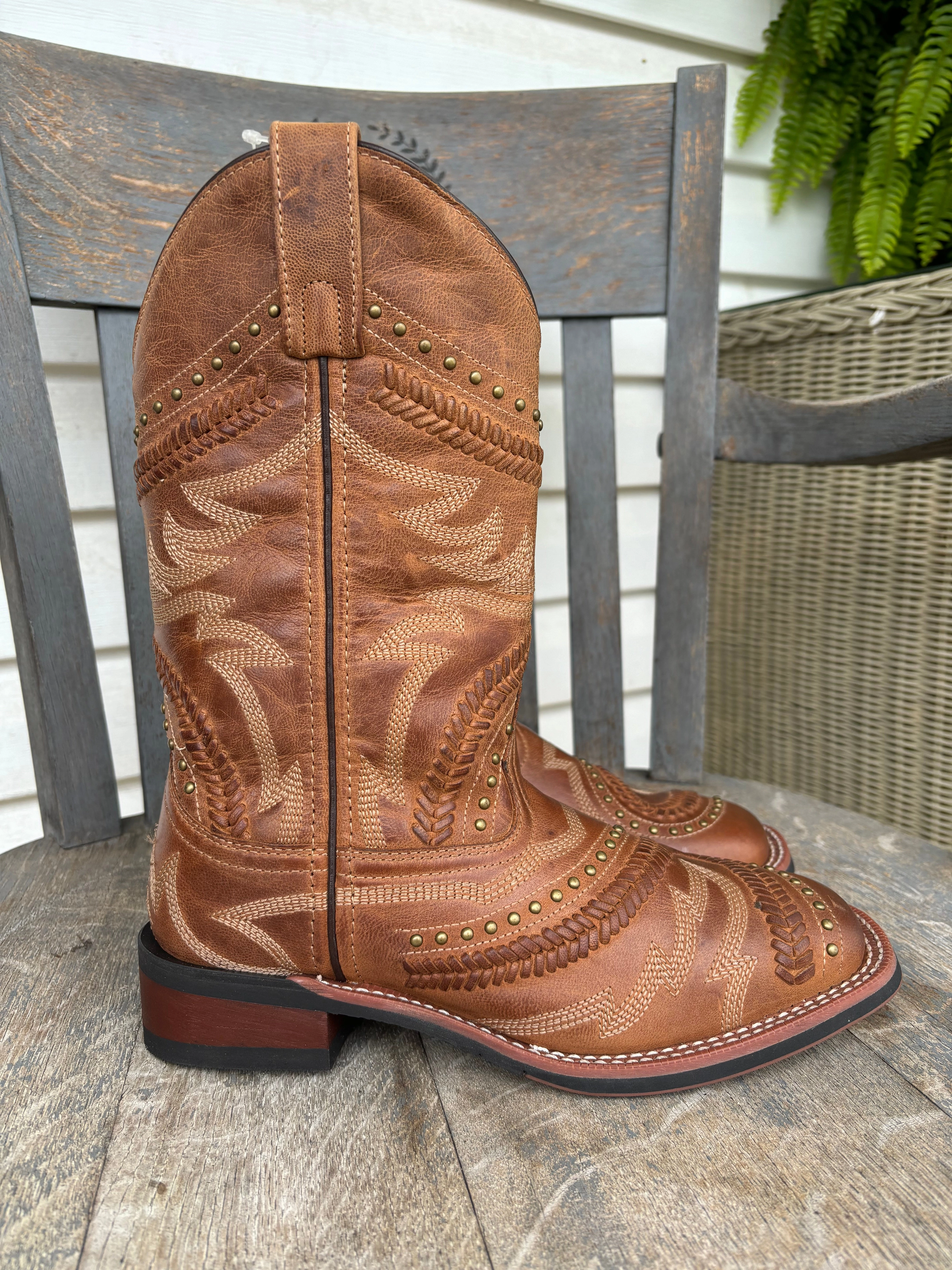 Laredo Women's Charli Tan Bucklace Stitched & Studded Square Toe Cowgirl Boots 5893 Rugged Terrain Soft Cushioning