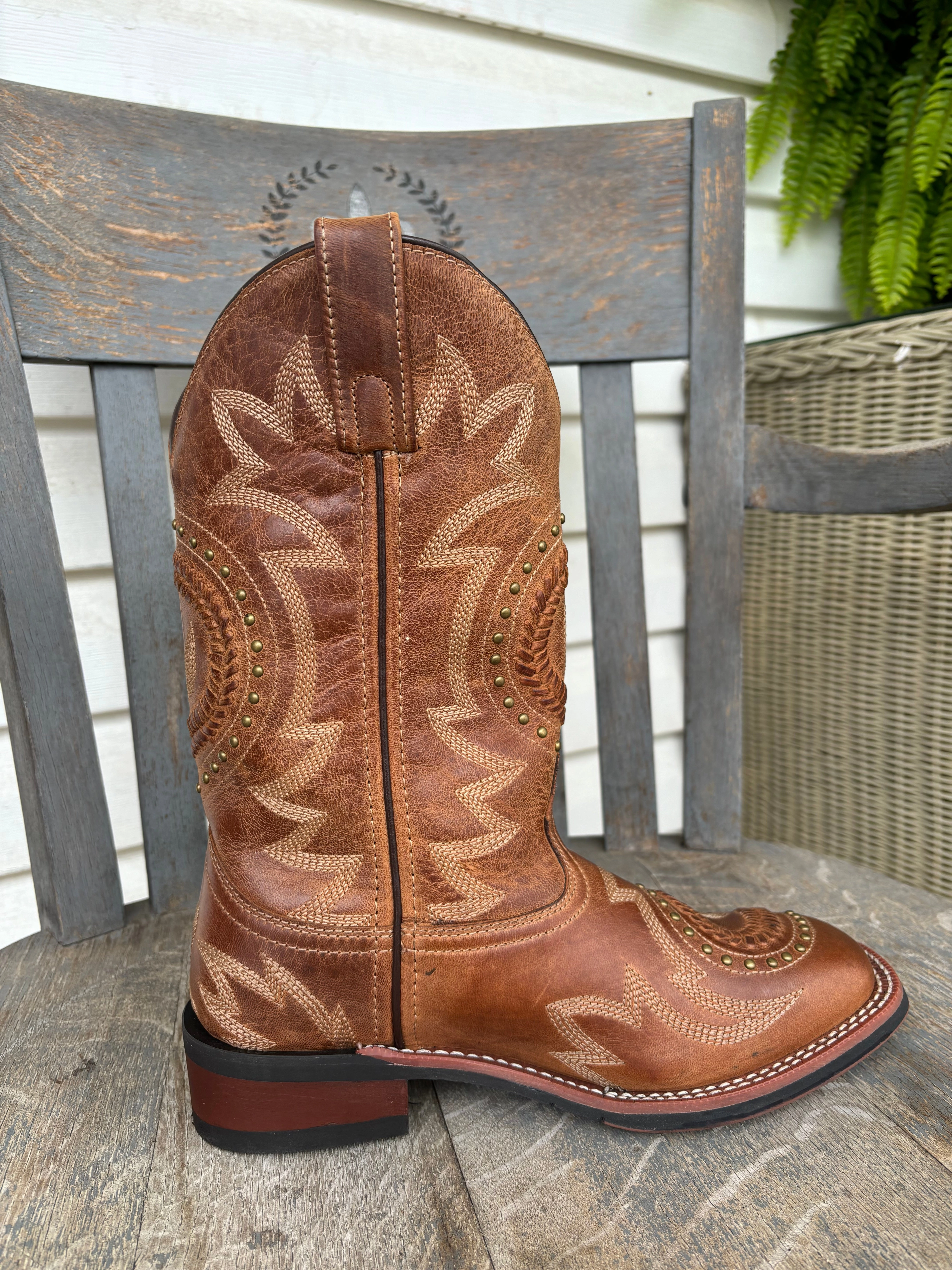 Laredo Women's Charli Tan Bucklace Stitched & Studded Square Toe Cowgirl Boots 5893 Wild Soul