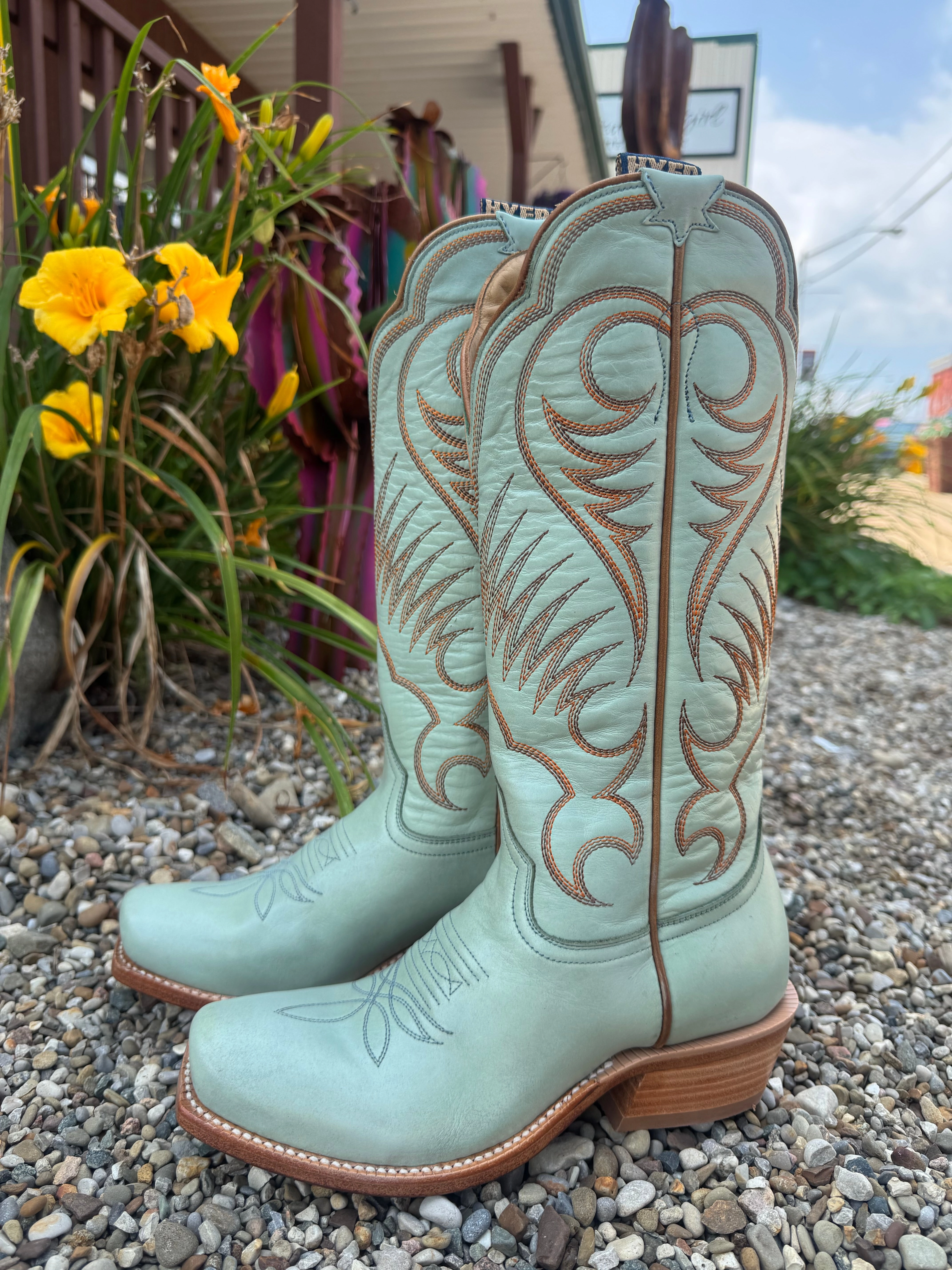 Mud Ground Hyer Womens Leawood Robin's Egg Blue Leather Cutter Toe Cowgirl Boots HW42010