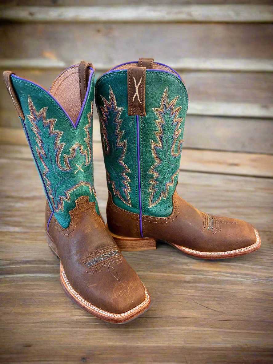 Stylish Footwear Premium Performance Twisted X Women's Tech X Collection Cinnamon Brown & Turquoise Square Toe Cowgirl Boot WXTL001
