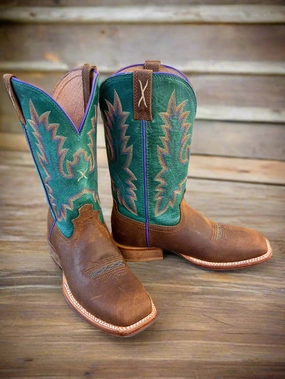 Stylish Footwear Premium Performance Twisted X Women's Tech X Collection Cinnamon Brown & Turquoise Square Toe Cowgirl Boot WXTL001