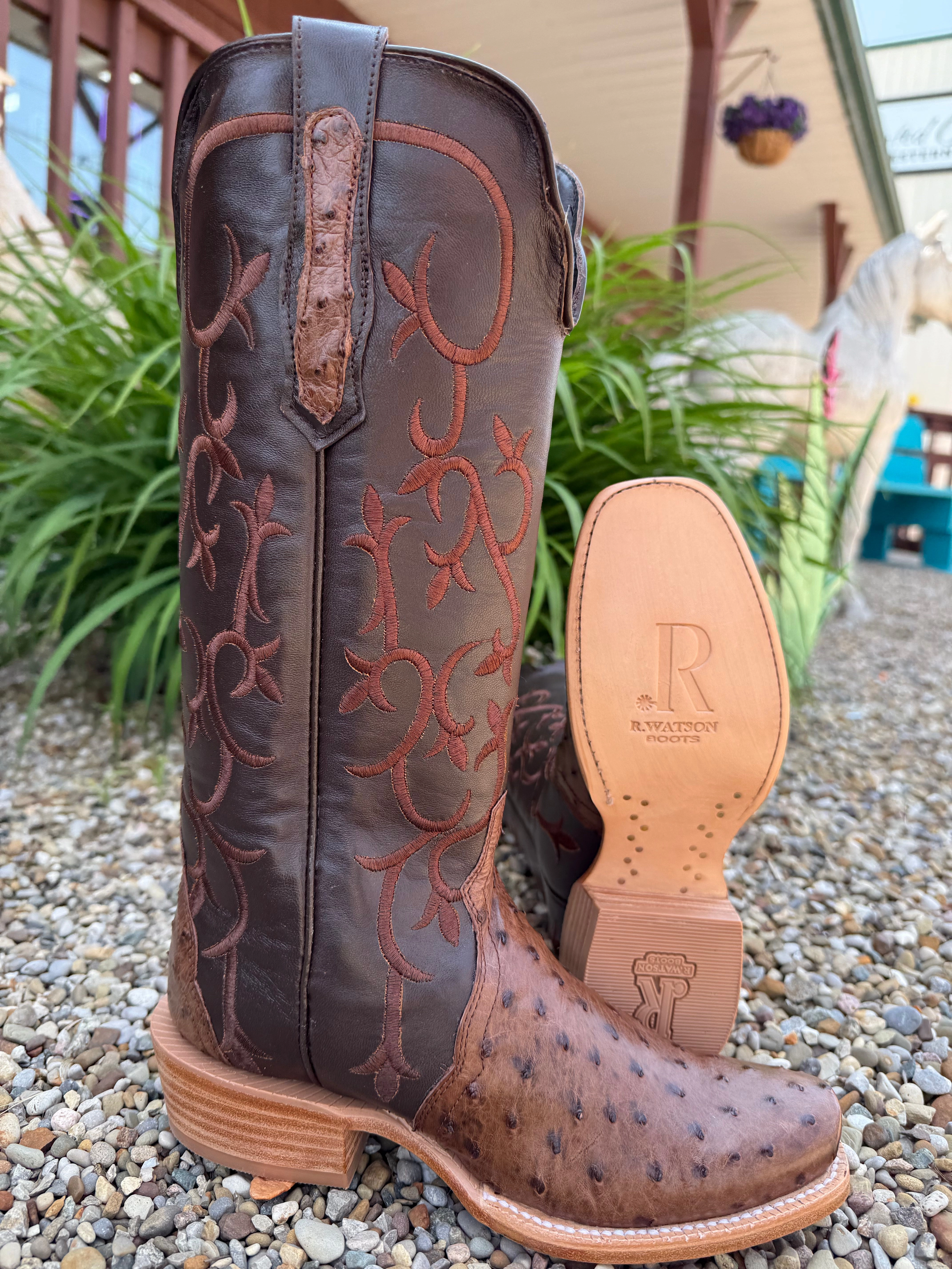 R. Watson Women's 14" Kango Tobacco Full Quill Ostrich Chocolate Mestizo Triad Cowgirl Boots RWL4311-1 Surfer Comfortable Footbed