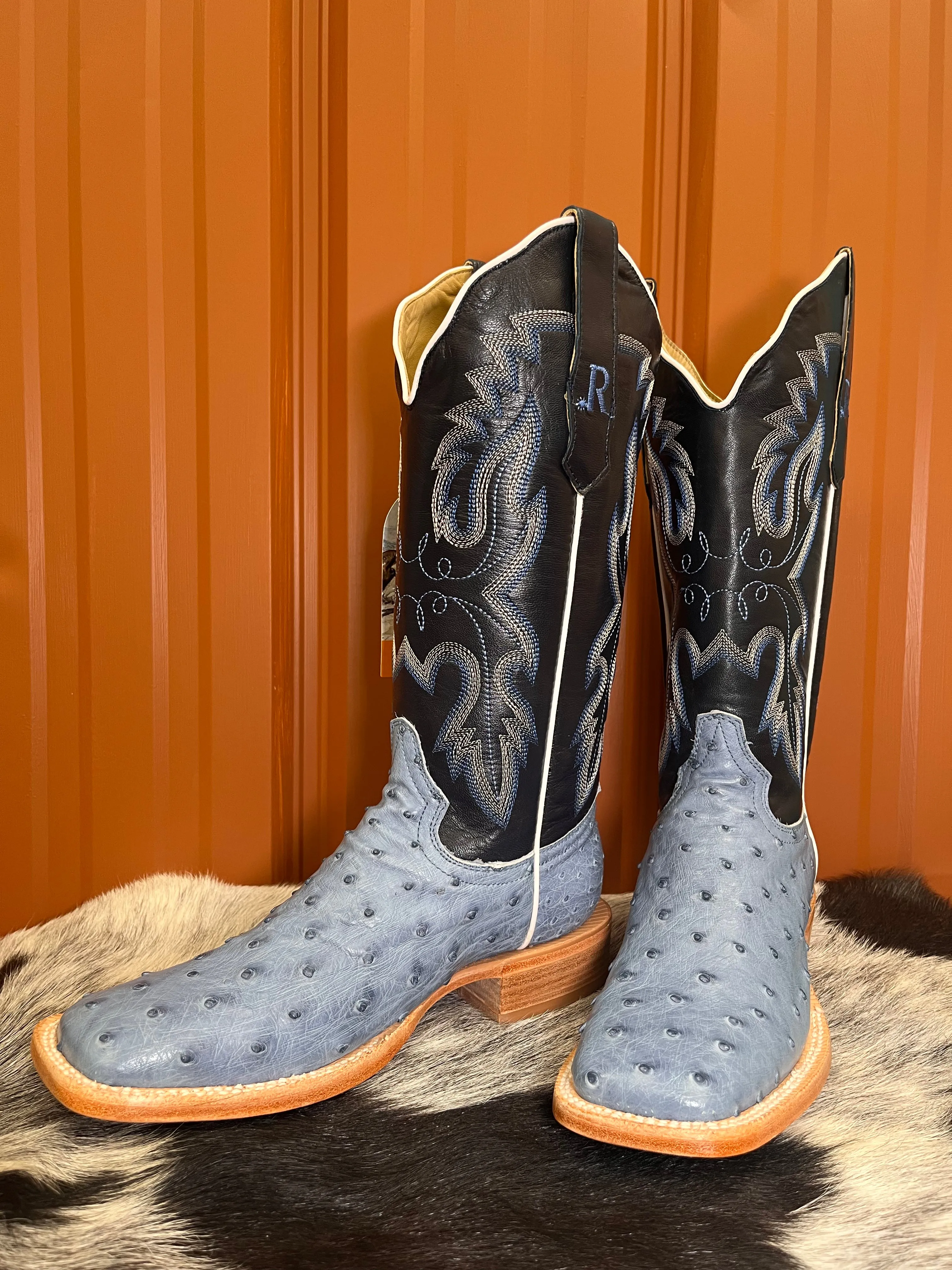 Soft Support R. Watson Women's Denim Blue Full Quill Ostrich Square Toe Western Cowgirl Boots RWL4303-2