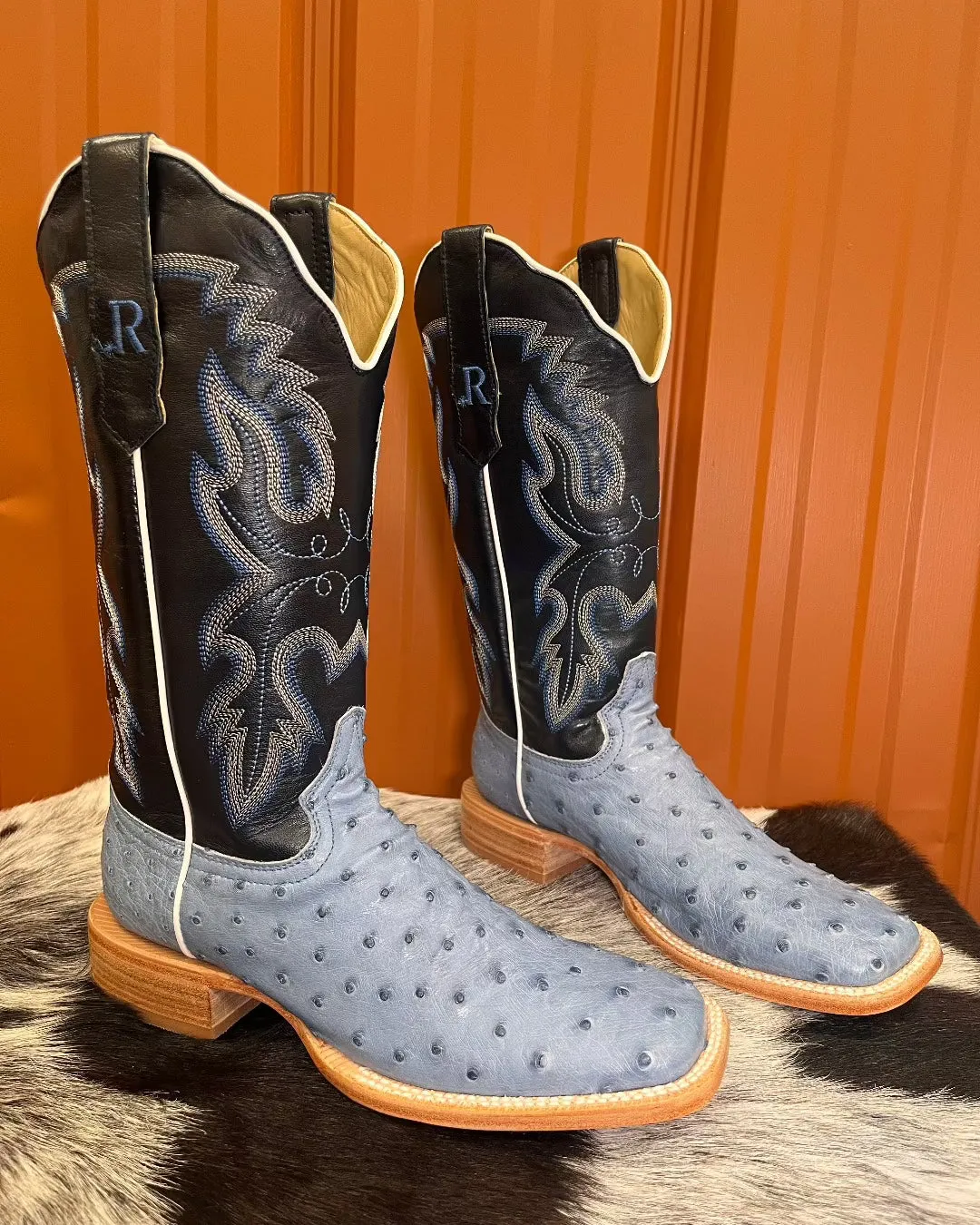 Outdoor Utility Ski Enthusiast R. Watson Women's Denim Blue Full Quill Ostrich Square Toe Western Cowgirl Boots RWL4303-2