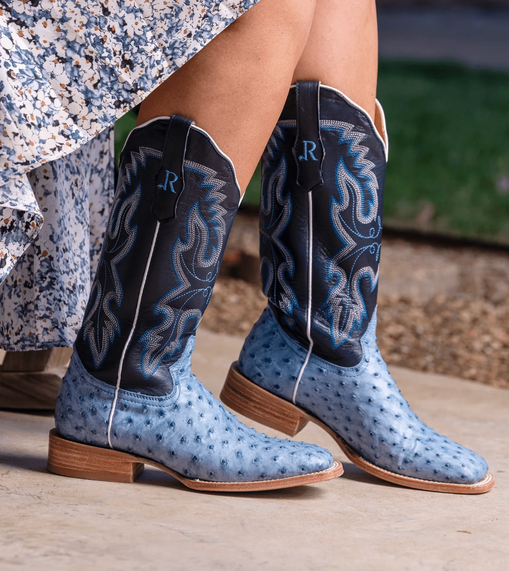Daily Function Stylish Footwear R. Watson Women's Denim Blue Full Quill Ostrich Square Toe Western Cowgirl Boots RWL4303-2