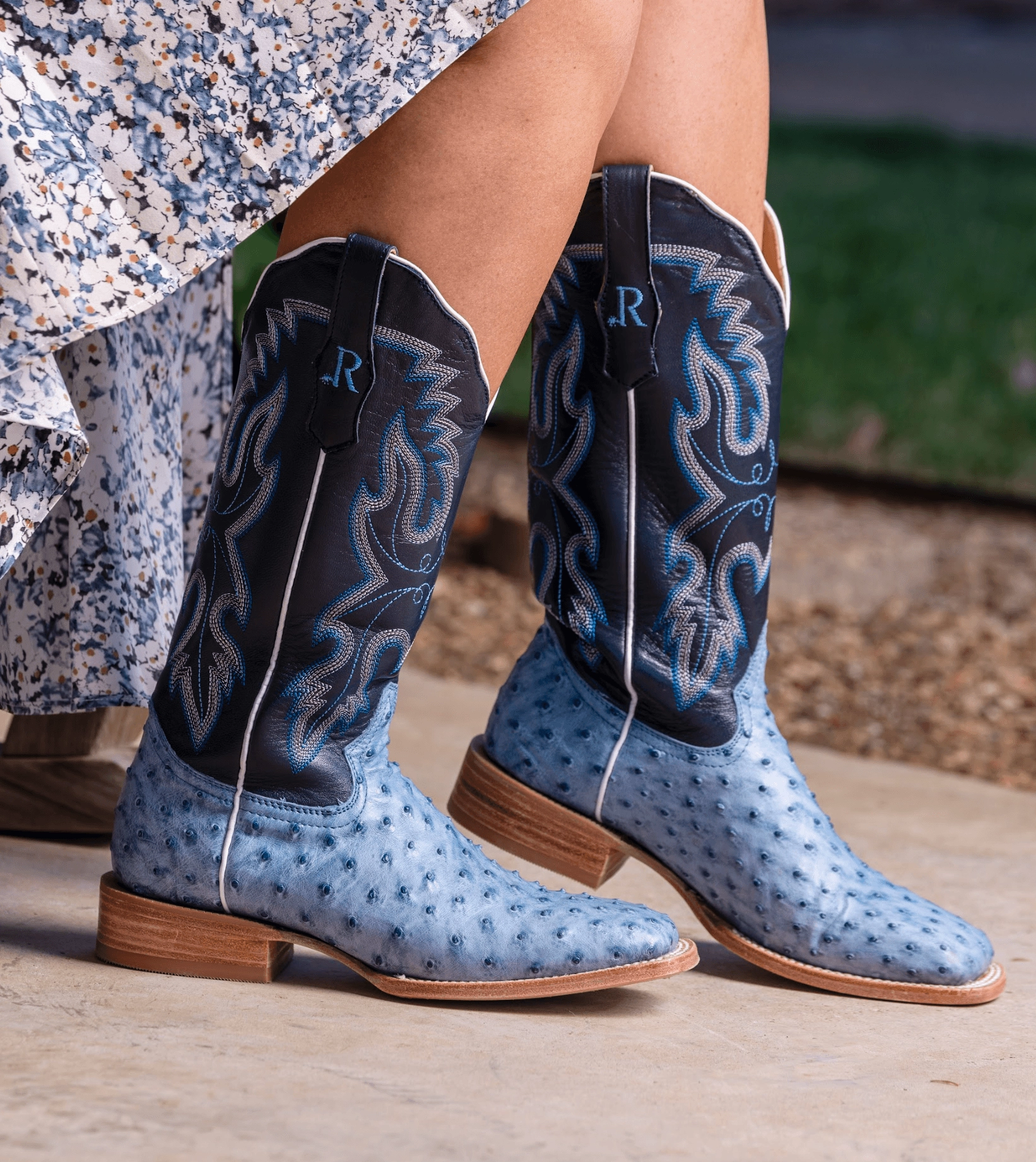 Removable R. Watson Women's Denim Blue Full Quill Ostrich Square Toe Western Cowgirl Boots RWL4303-2