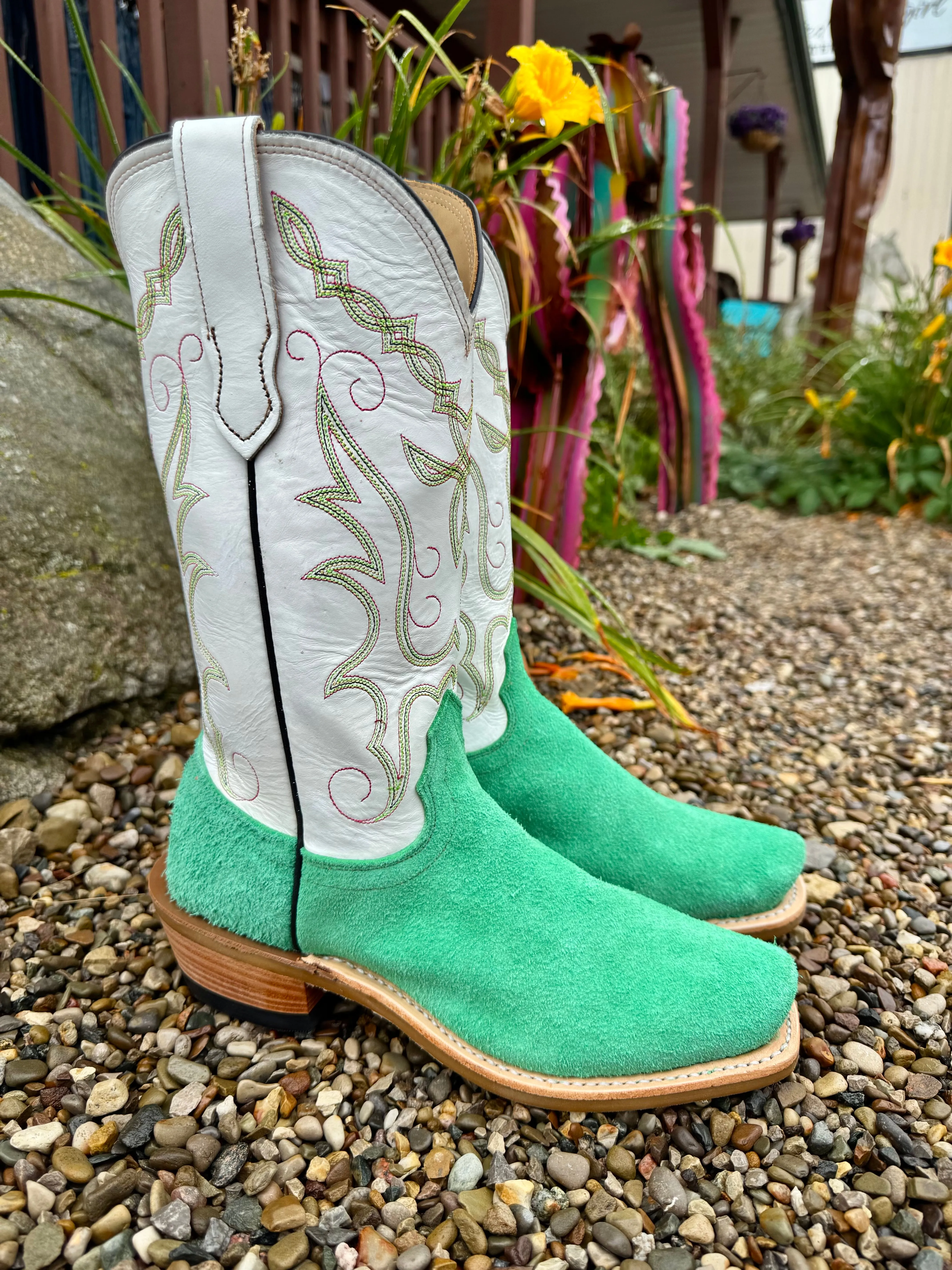 Fenoglio Italian Green Roughout Cowhide With White Top Cutter Toe Cowboy Boot FB00101689 Long Travel Synthetic