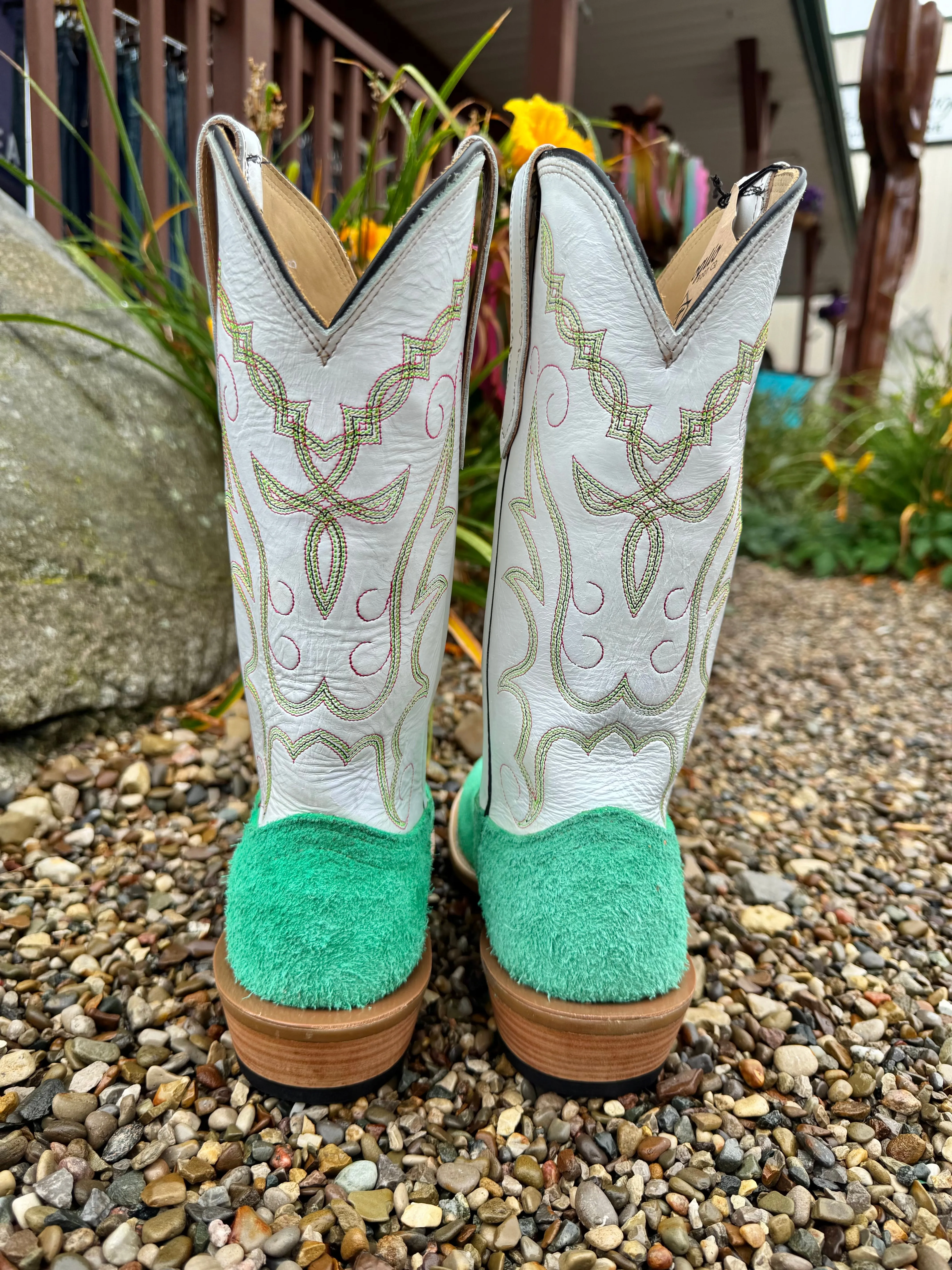 Fenoglio Italian Green Roughout Cowhide With White Top Cutter Toe Cowboy Boot FB00101689 Field Travel