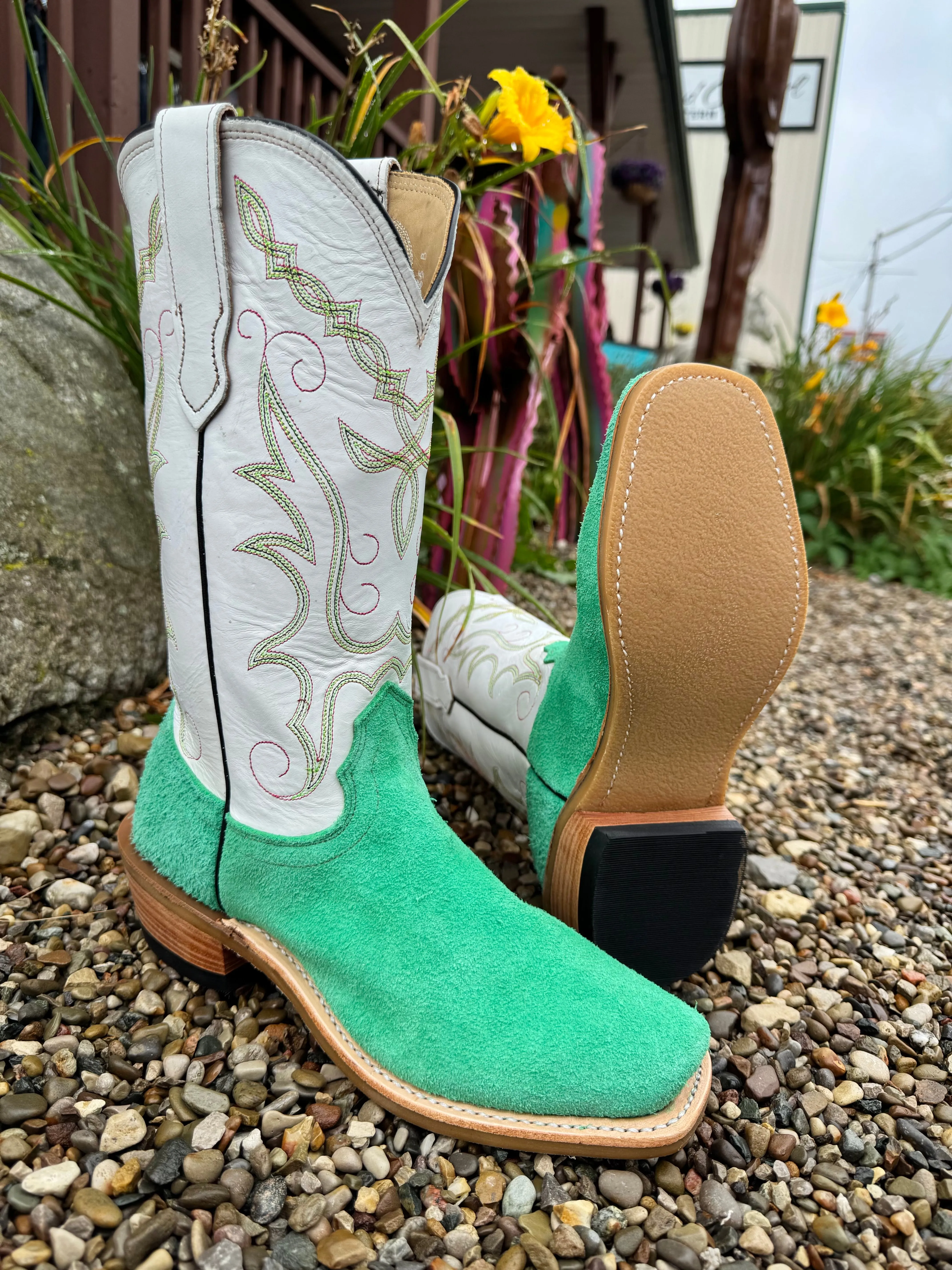 Fenoglio Italian Green Roughout Cowhide With White Top Cutter Toe Cowboy Boot FB00101689 Wrinkle Resistant