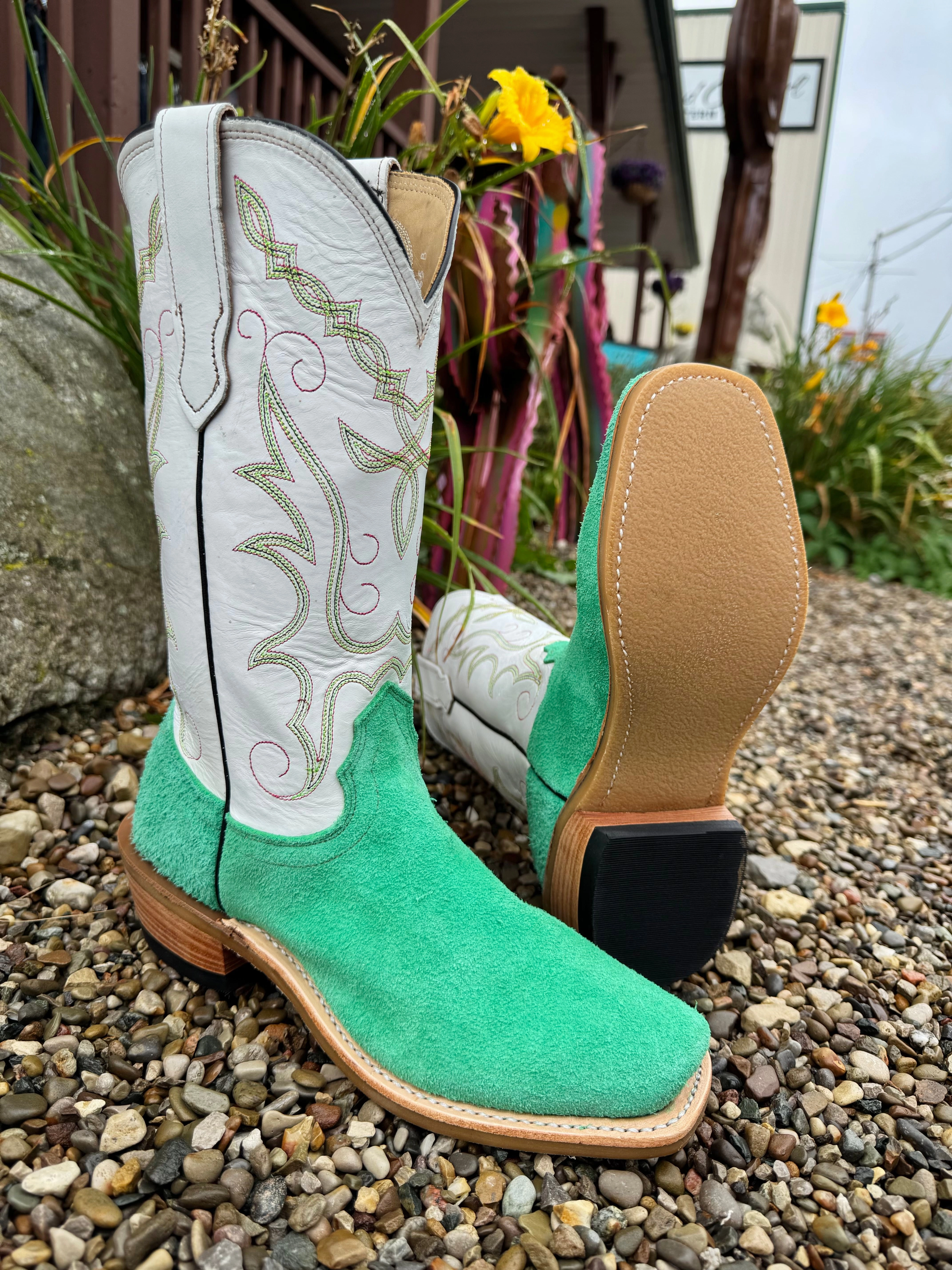 Fenoglio Italian Green Roughout Cowhide With White Top Cutter Toe Cowboy Boot FB00101689 Wrinkle Resistant
