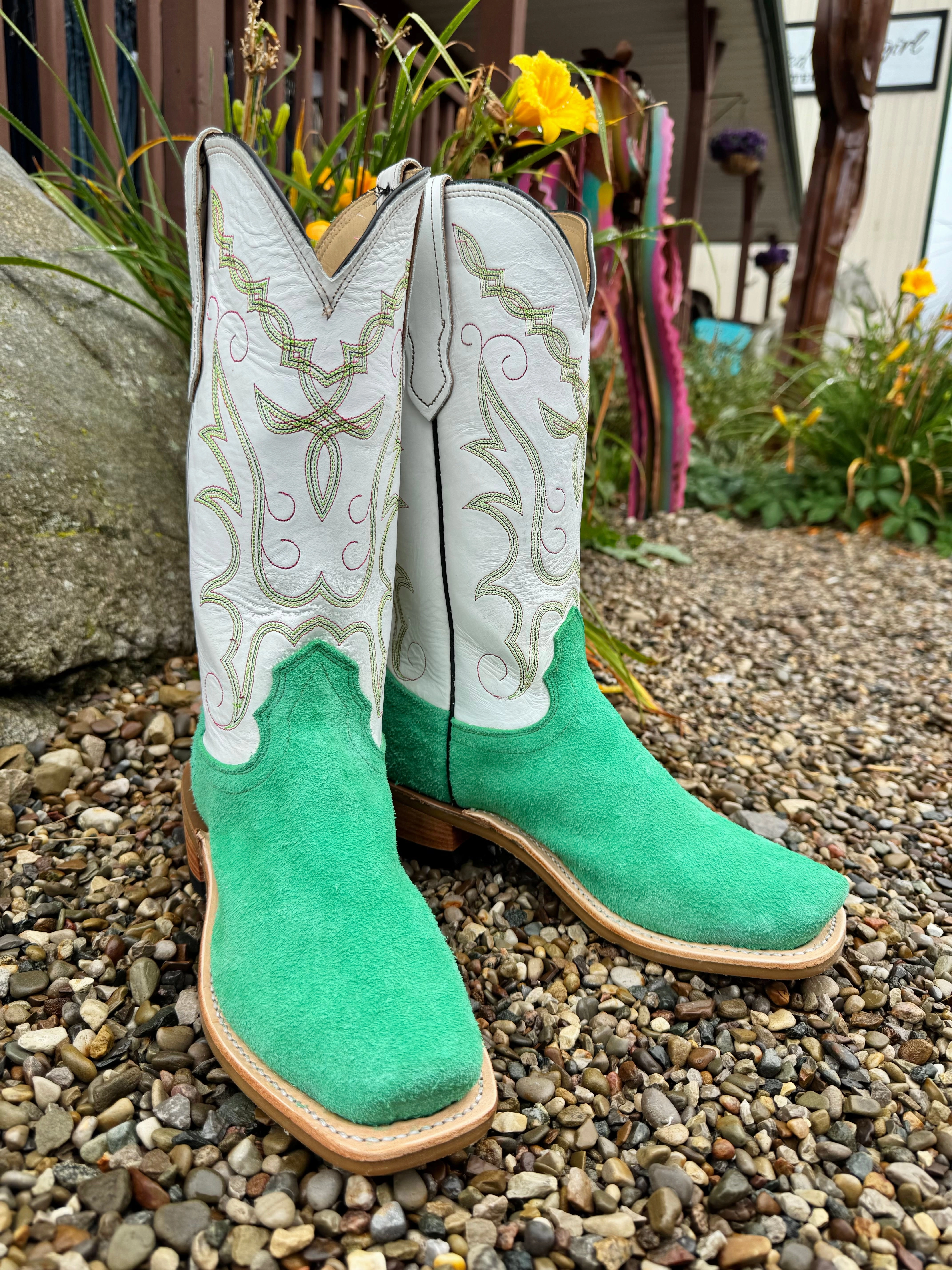 Arch support youth trend Fenoglio Italian Green Roughout Cowhide With White Top Cutter Toe Cowboy Boot FB00101689