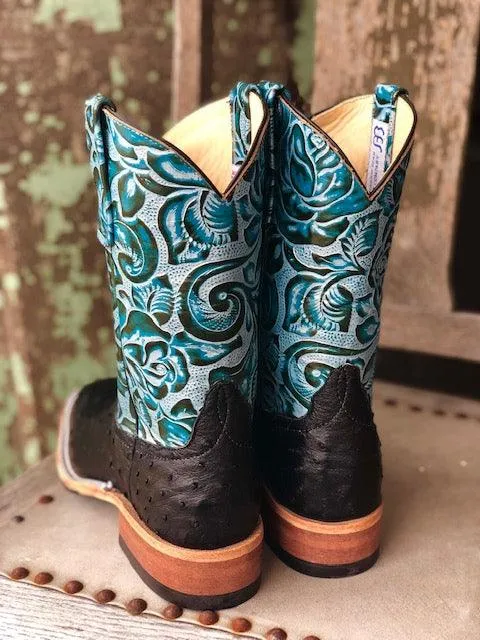 Deep Freeze Cool Look Anderson Bean Women's Black Full Quill Ostrich & 10 Teal Floral Tooled Leather Top Square Toe Cowgirl Boots 321803