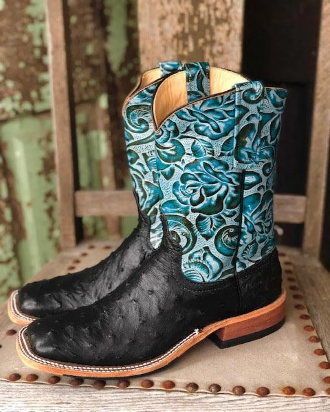 Anderson Bean Women's Black Full Quill Ostrich & 10 Teal Floral Tooled Leather Top Square Toe Cowgirl Boots 321803 Wild Edge Rough Walk