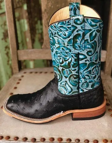 Power Step Urban Utility Anderson Bean Women's Black Full Quill Ostrich & 10 Teal Floral Tooled Leather Top Square Toe Cowgirl Boots 321803