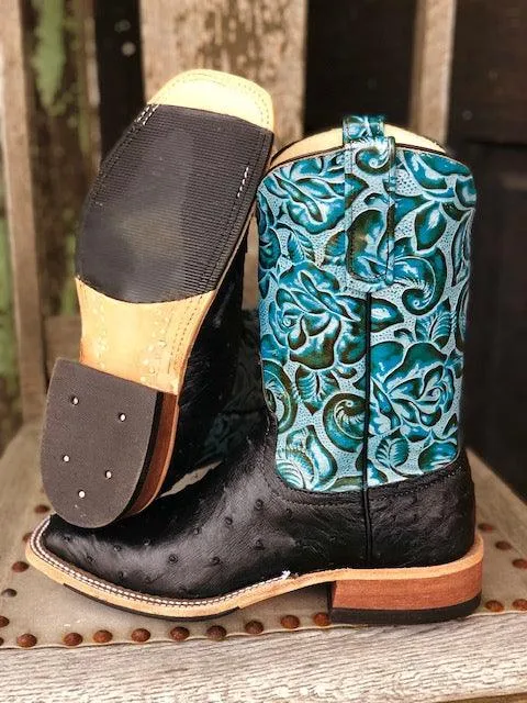 Anderson Bean Women's Black Full Quill Ostrich & 10 Teal Floral Tooled Leather Top Square Toe Cowgirl Boots 321803 Smooth Entry Concert Look