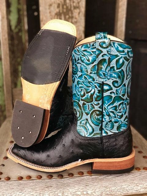 Anderson Bean Women's Black Full Quill Ostrich & 10 Teal Floral Tooled Leather Top Square Toe Cowgirl Boots 321803 Factory Worker