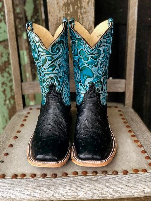 Work Fashion Anderson Bean Women's Black Full Quill Ostrich & 10 Teal Floral Tooled Leather Top Square Toe Cowgirl Boots 321803