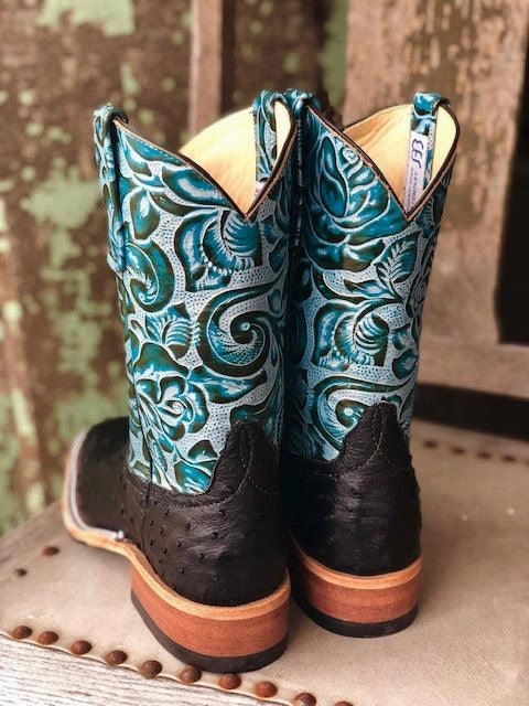 Anderson Bean Women's Black Full Quill Ostrich & 10 Teal Floral Tooled Leather Top Square Toe Cowgirl Boots 321803 Lace-up
