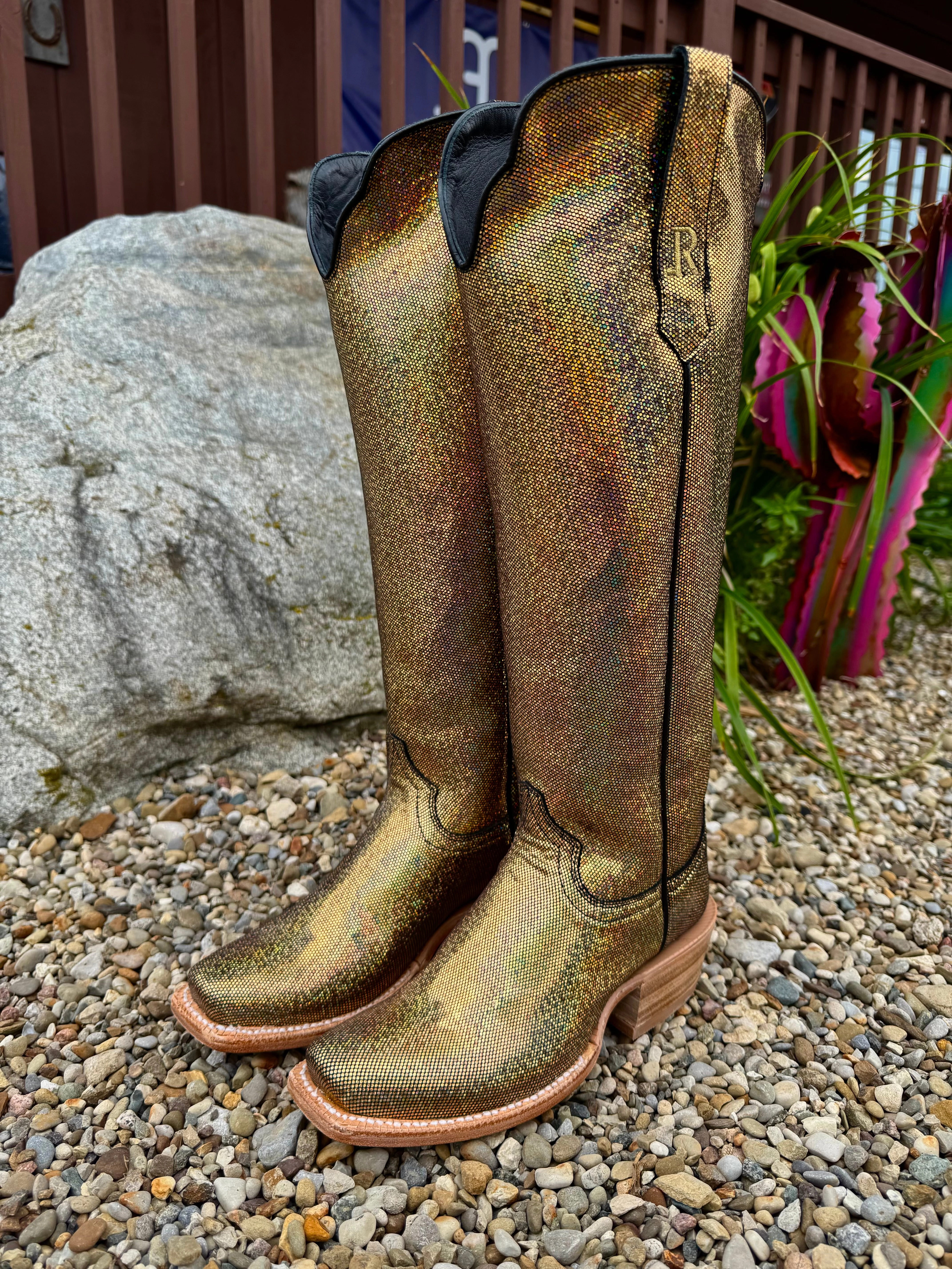 R. Watson Women's 17" Disco Fever Metallic Gold Cowgirl Boots RWL8320-1 Closed Toe Washable