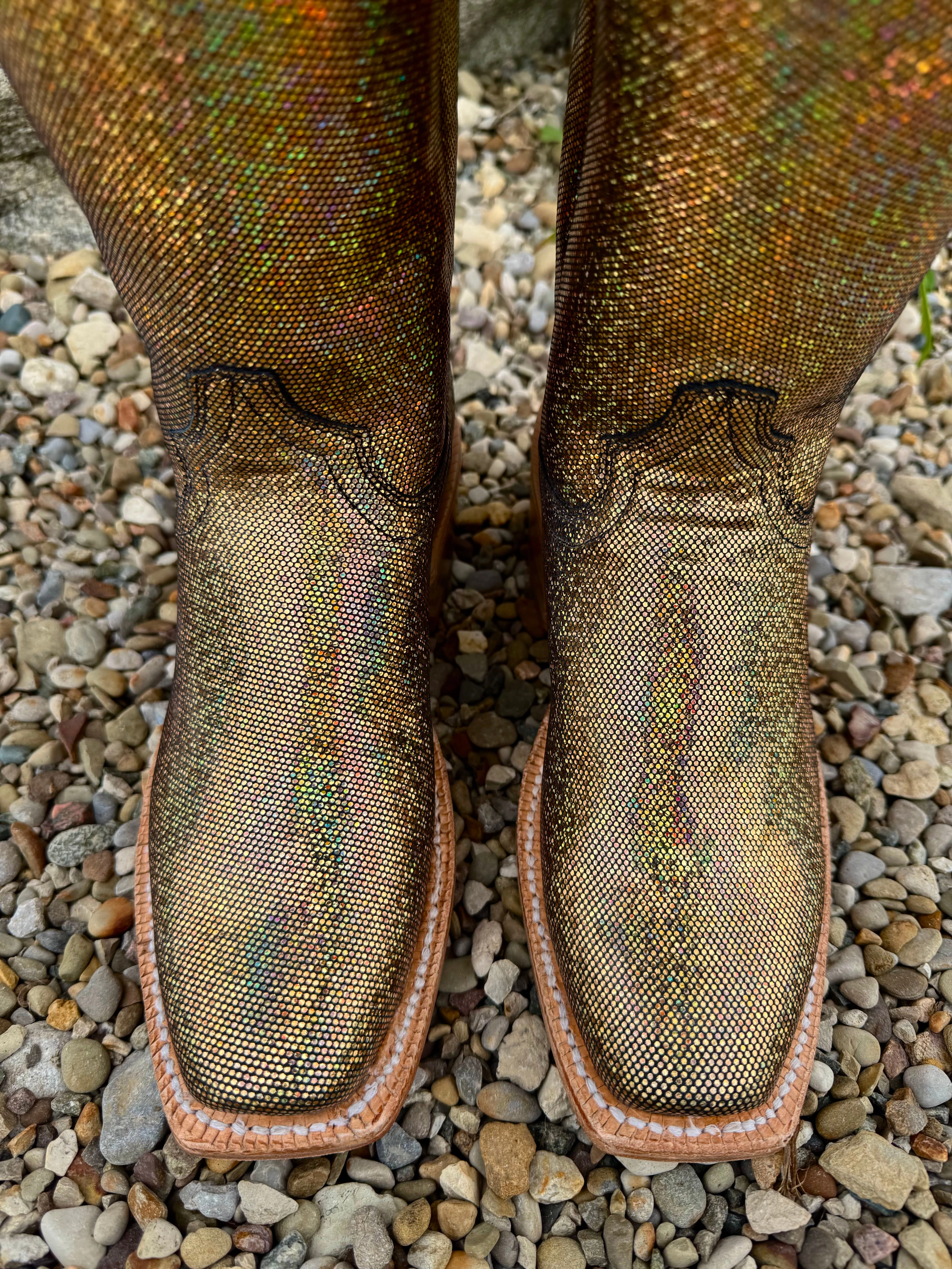 R. Watson Women's 17" Disco Fever Metallic Gold Cowgirl Boots RWL8320-1 Quick Slip Heavy Duty Performance