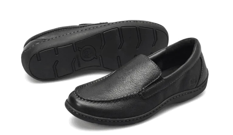 Functional Style Sleek Finish Born Men's Brompton II Black Leather Slip On Loafers Shoes BM0010703-BLK