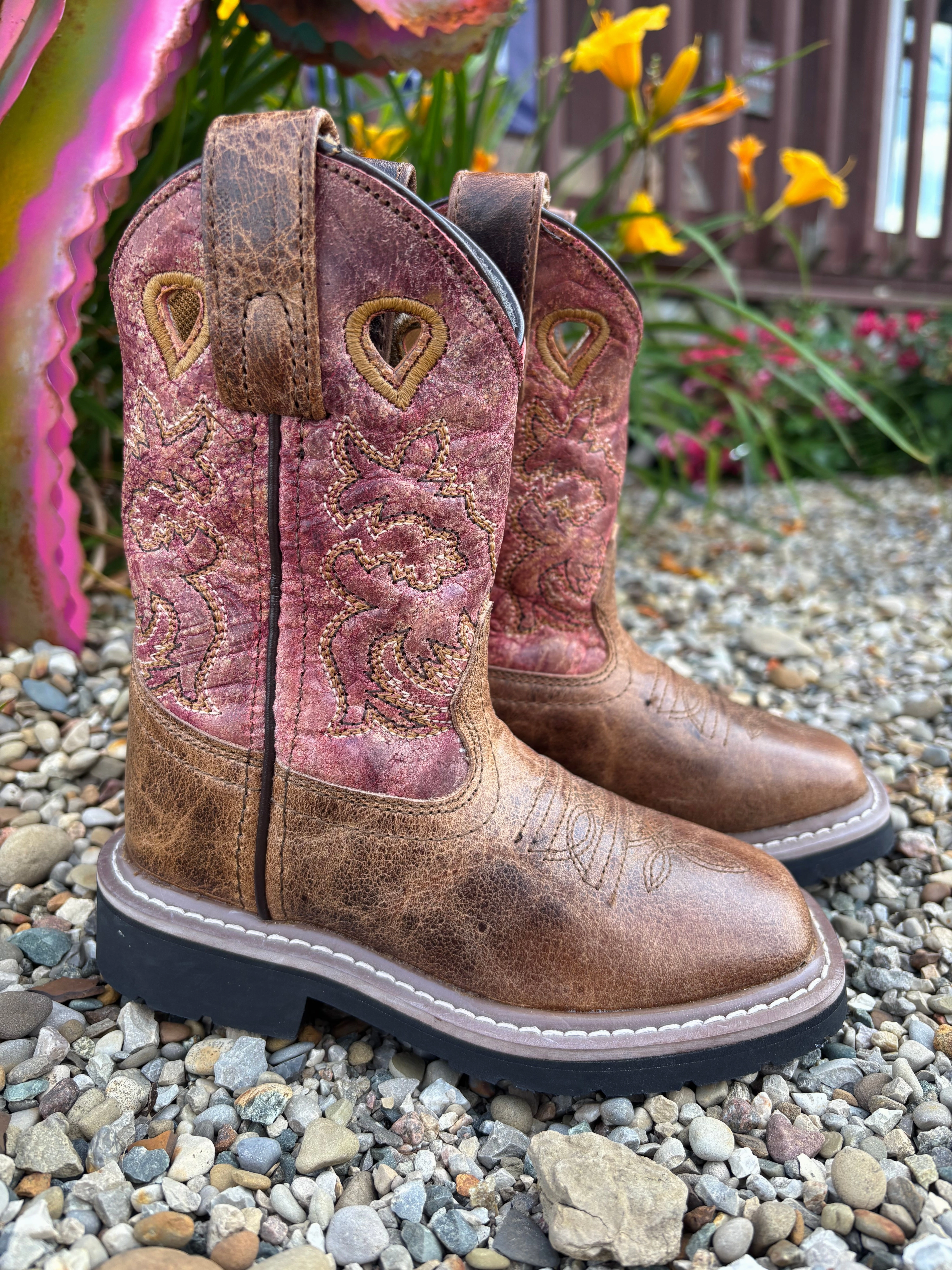 Dan Post Children/Youth Tan Leather & Red Top Adair Square Toe Cowboy Boots DPC2927 DPC3927 Light support
