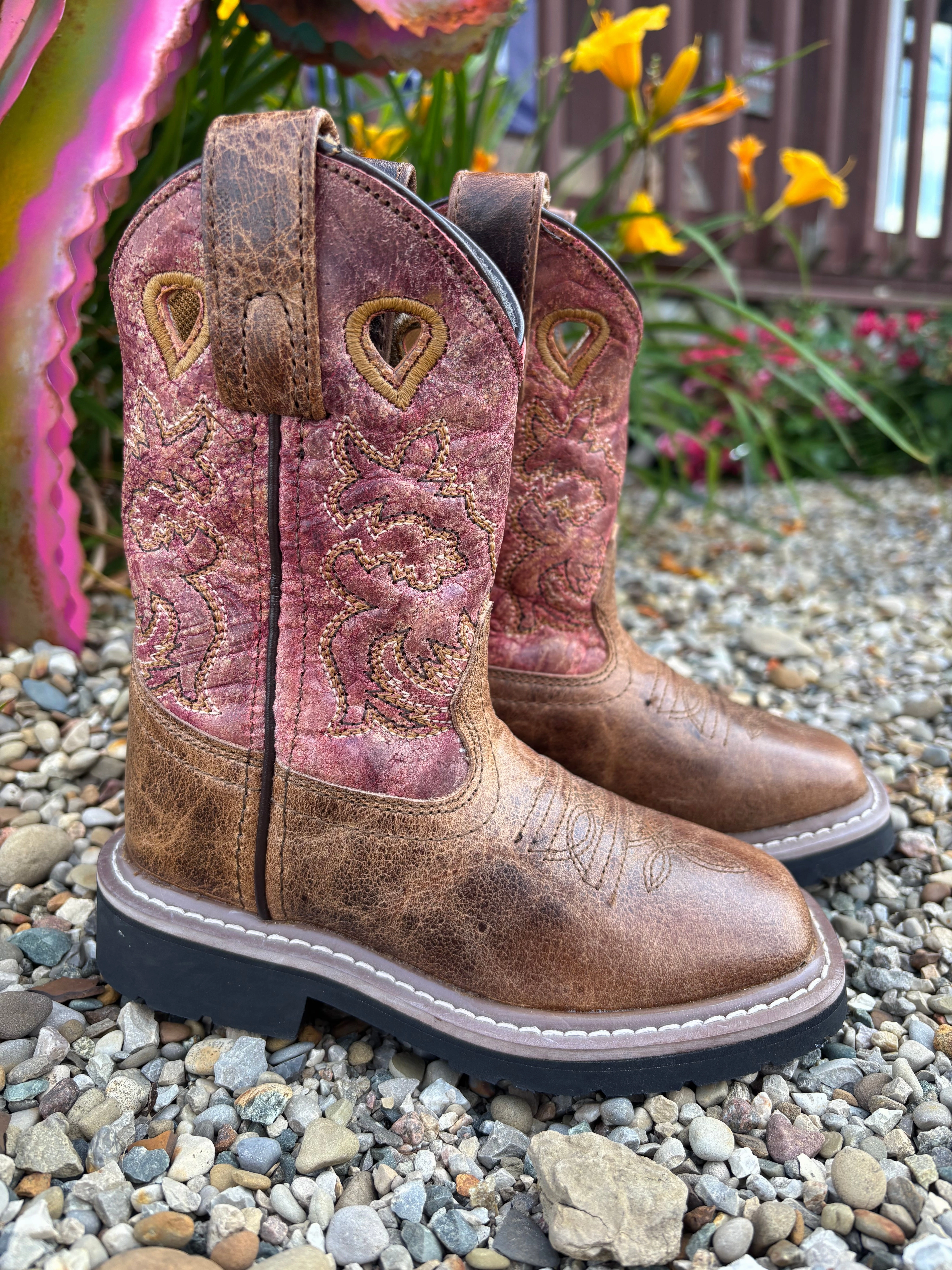 Dan Post Children/Youth Tan Leather & Red Top Adair Square Toe Cowboy Boots DPC2927 DPC3927 Light support