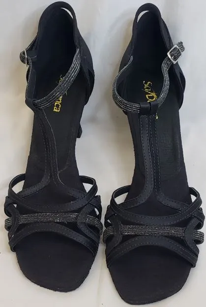 2.5" Tammy -- Flare Heel Latin Sandal -- Black Satin/Glitter All Day Weekend Warriors