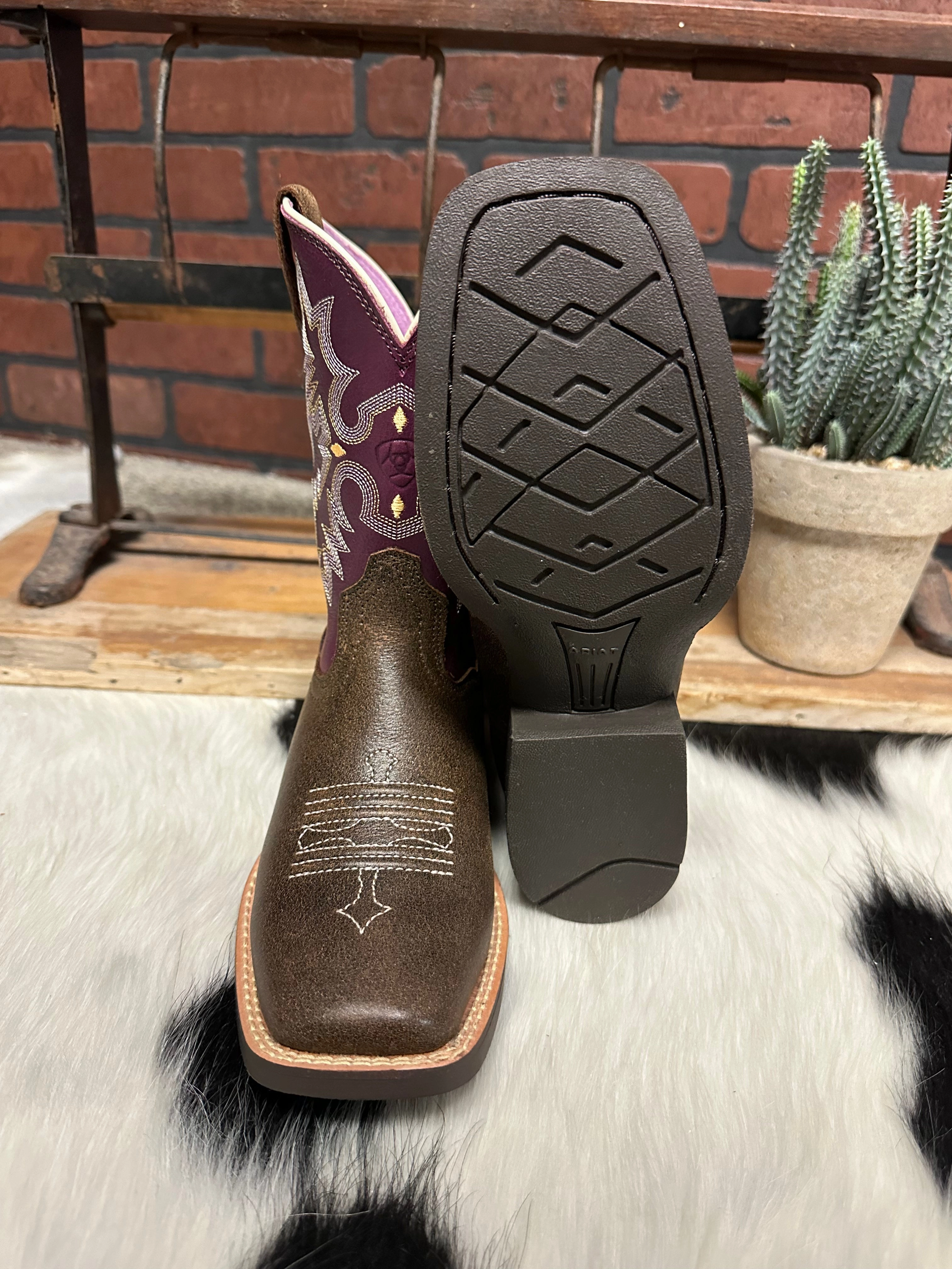 Ariat Children's/Youth Tombstone Brown/Purple Square Toe Western Cowboy Boot 10015390 Nature Ready