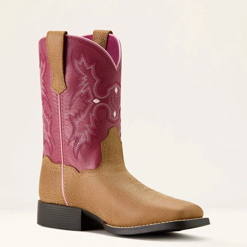 Ariat Childrens/Youth Tombstone Rose & Tan Wide Square Toe Cowgirl Boots 10063835 Easy Clean