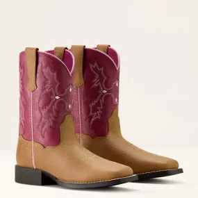 Ariat Childrens/Youth Tombstone Rose & Tan Wide Square Toe Cowgirl Boots 10063835 Leather Lining