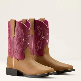 Ariat Childrens/Youth Tombstone Rose & Tan Wide Square Toe Cowgirl Boots 10063835 Leather Lining