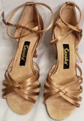 3" Leanne -- Flare Heel Latin Sandal -- Gold Satin Hero Mode Foam Lining Standing Workers