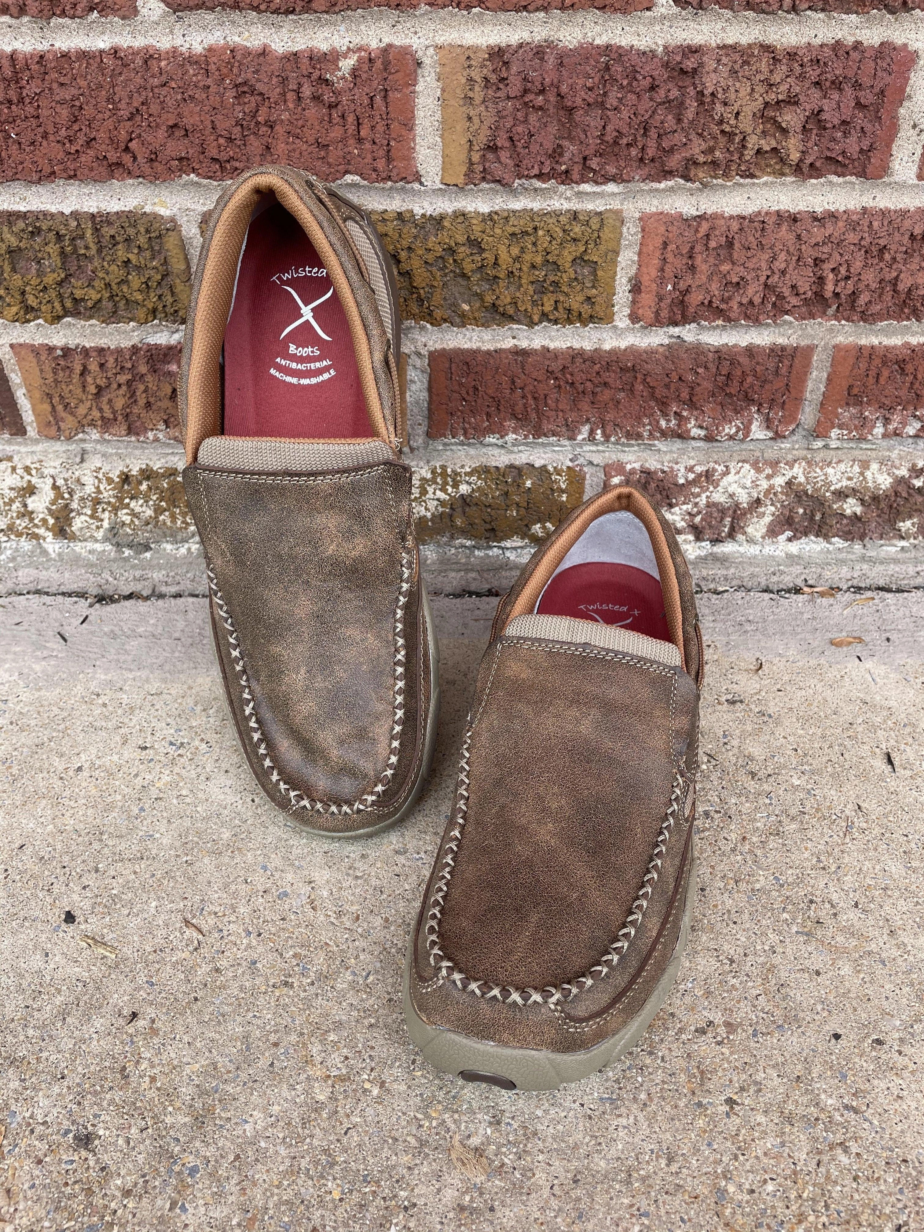 Twisted X Mens Leather Slip-on Bomber Driving Mocs Casual Shoe MDMS002 Luggage Fit Calm Tone