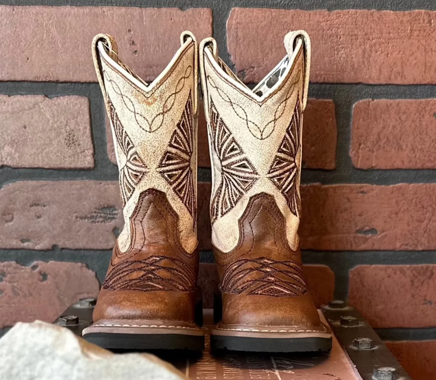 Slip Resistant Sole Mud Friendly Dan Post Children/Youth Brown Leather & Cream Top Lil' Kite Square Toe Western Cowgirl Boot DPC2953 DPC3953