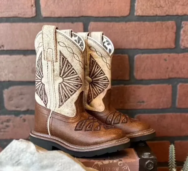 Dan Post Children/Youth Brown Leather & Cream Top Lil' Kite Square Toe Western Cowgirl Boot DPC2953 DPC3953 Insulated Comfort