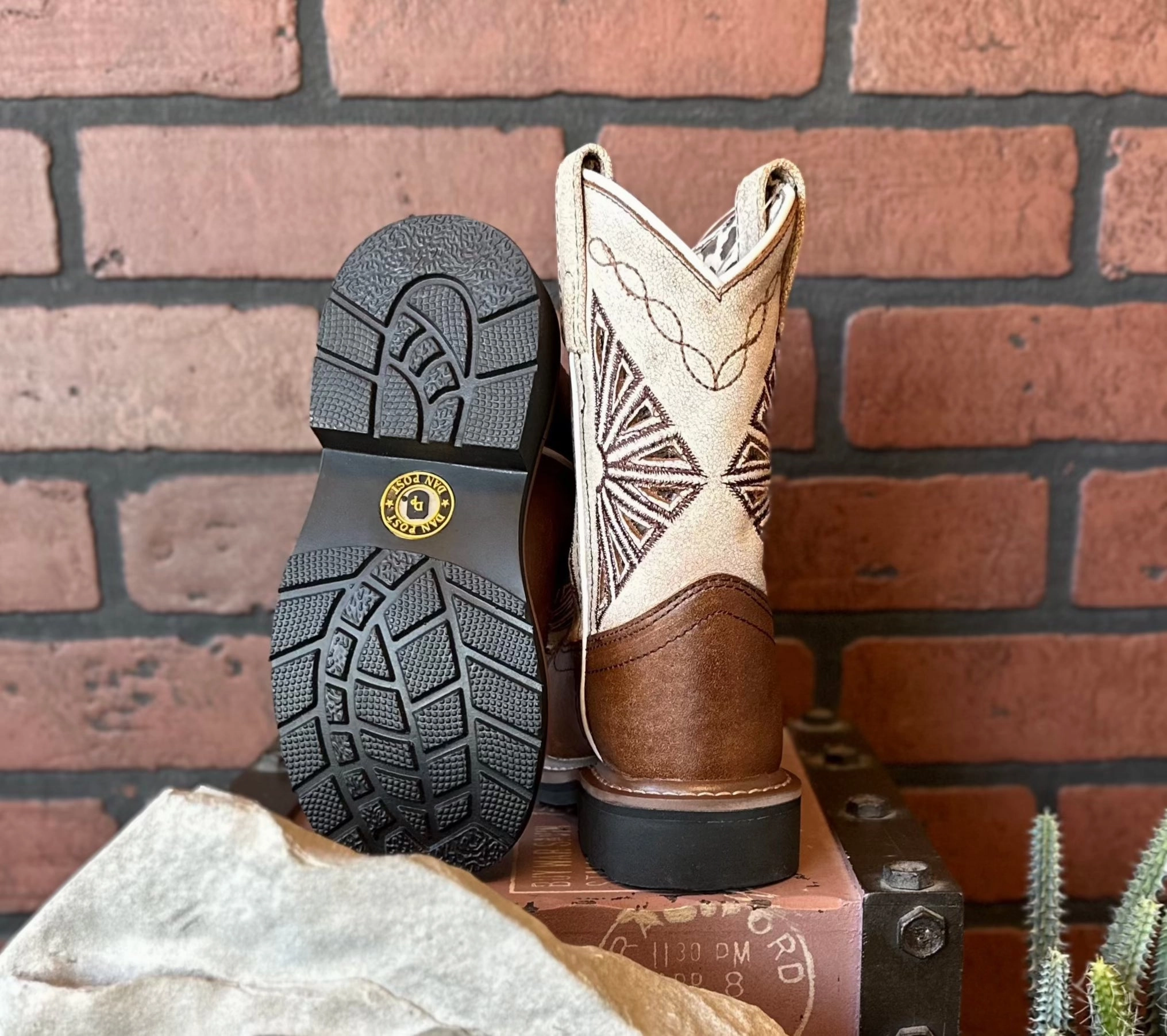 Textile Functional Dan Post Children/Youth Brown Leather & Cream Top Lil' Kite Square Toe Western Cowgirl Boot DPC2953 DPC3953