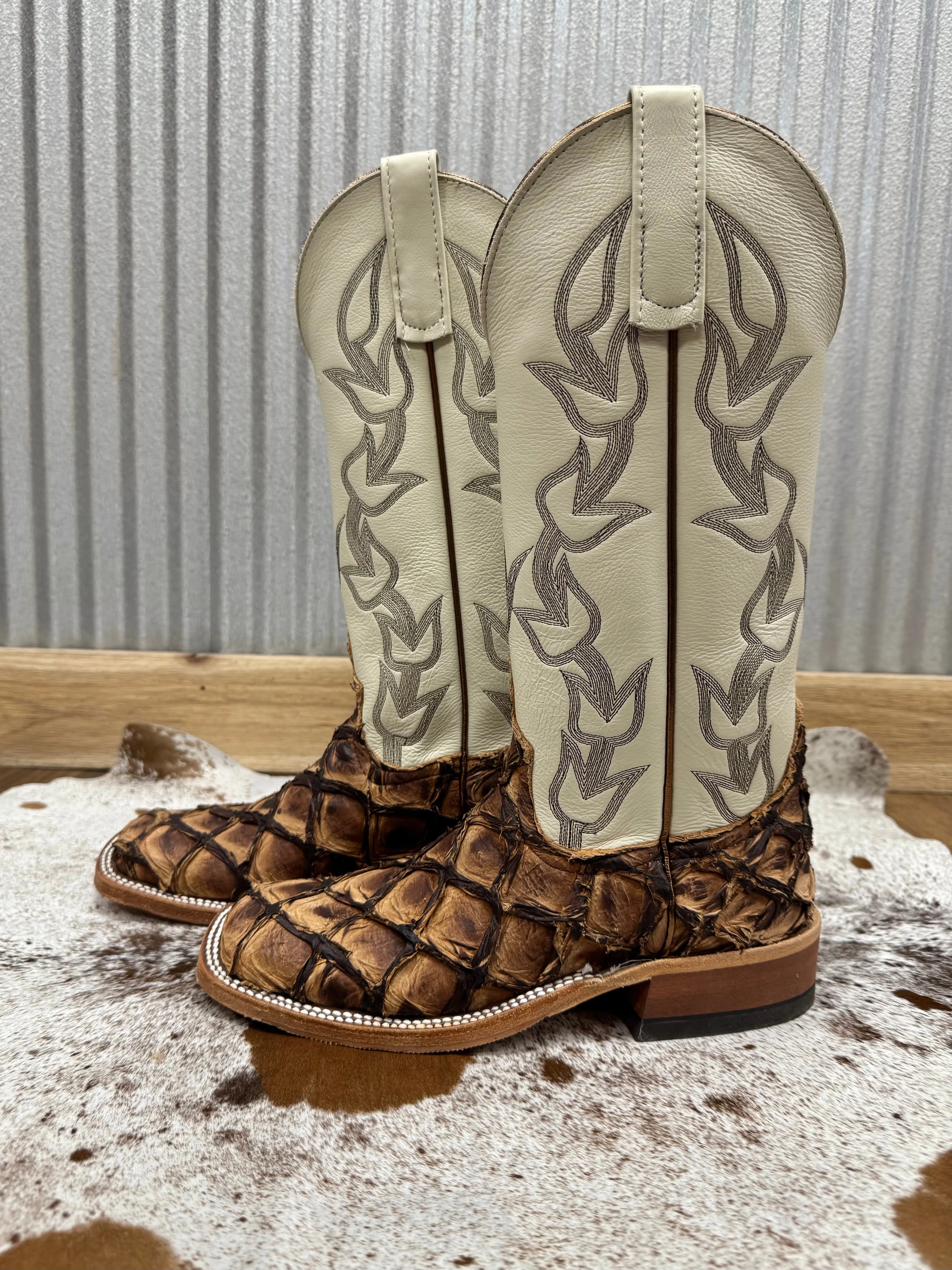 Slip On Style Anderson Bean Women's Brown Big Bass Arapaima & Bone Deerskin Top Square Toe Cowgirl Boots 333578