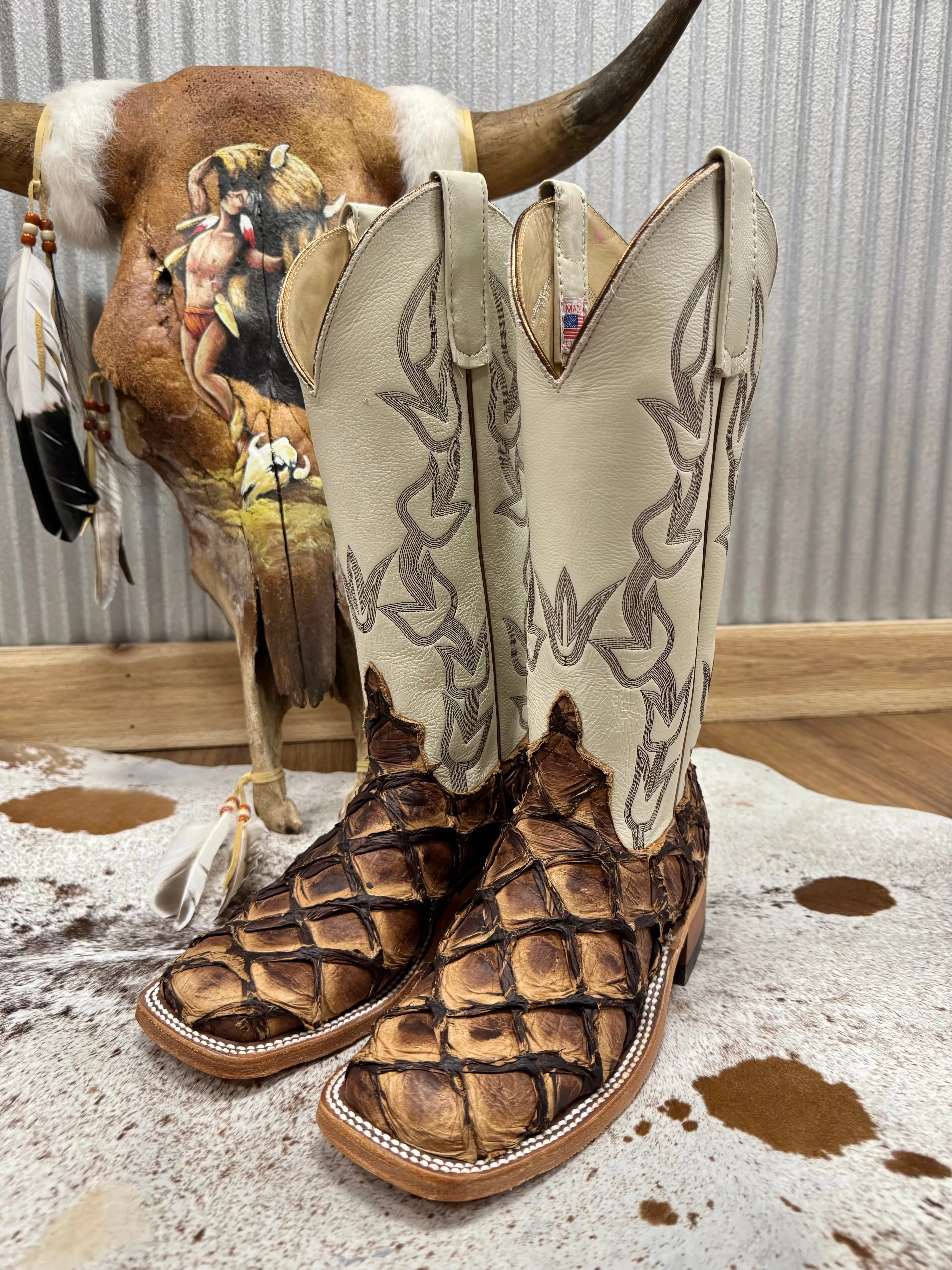 Anderson Bean Women's Brown Big Bass Arapaima & Bone Deerskin Top Square Toe Cowgirl Boots 333578 synthetic material