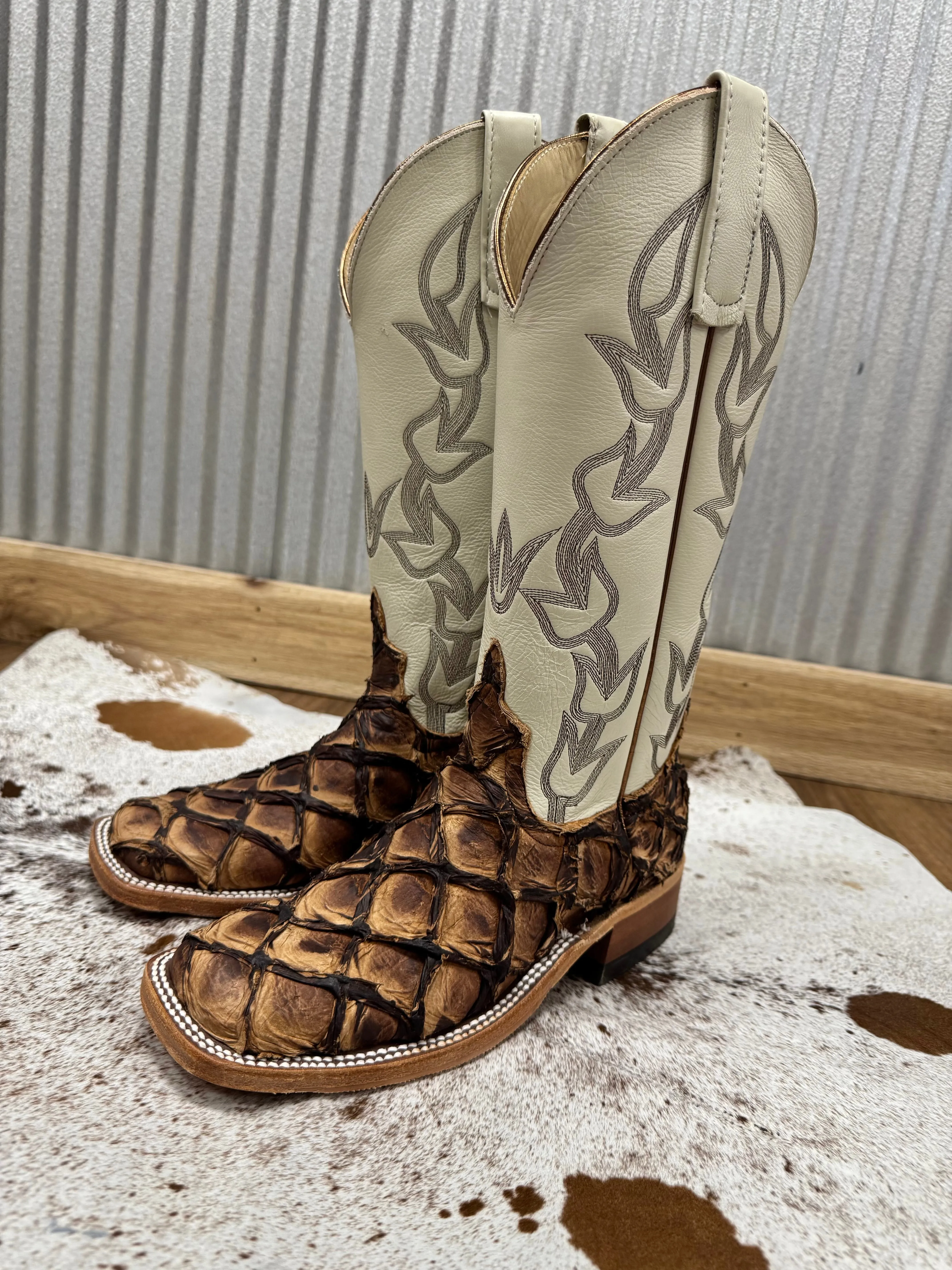 Anderson Bean Women's Brown Big Bass Arapaima & Bone Deerskin Top Square Toe Cowgirl Boots 333578 Mesh Lining