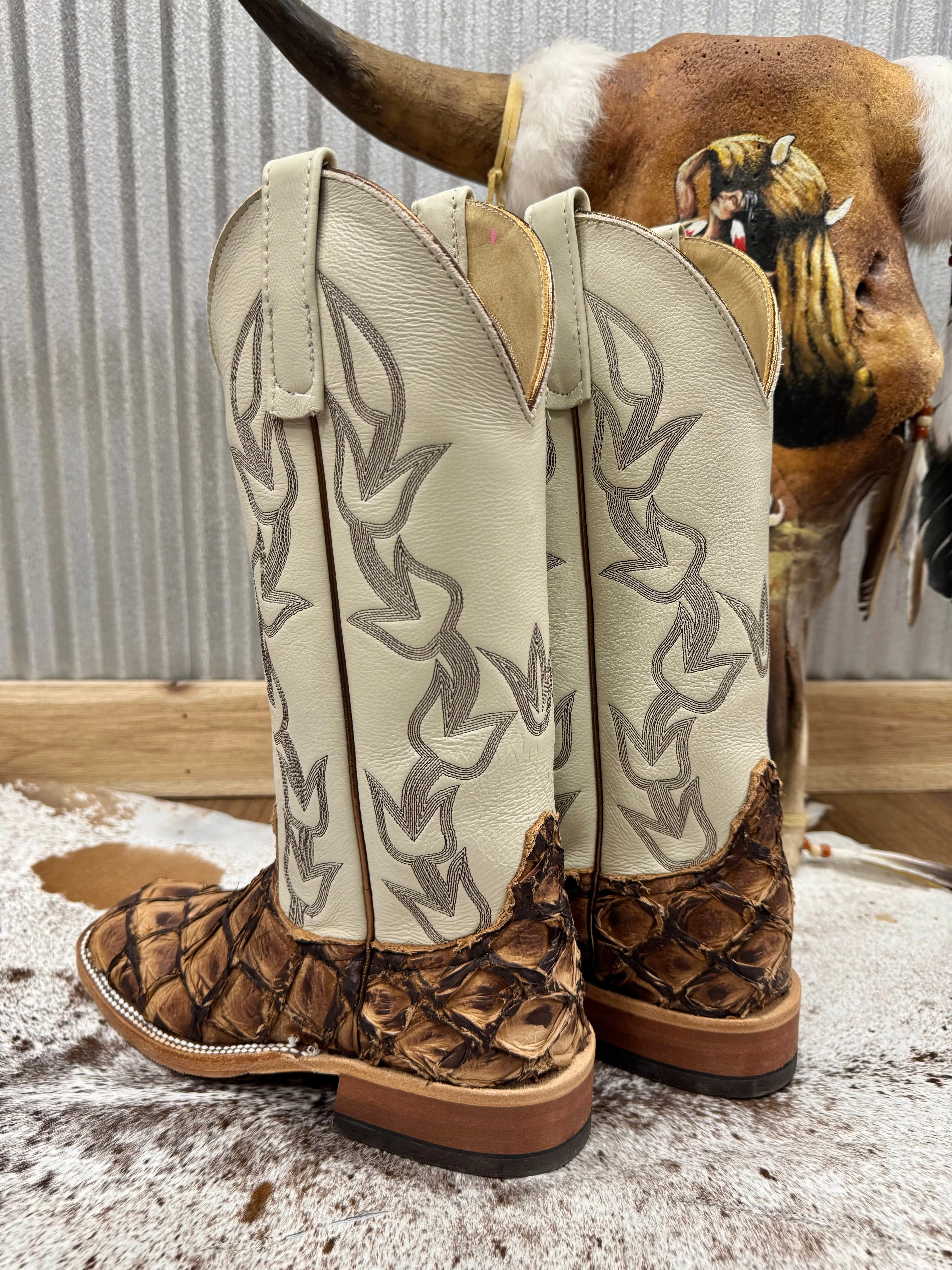 Anderson Bean Women's Brown Big Bass Arapaima & Bone Deerskin Top Square Toe Cowgirl Boots 333578 Everyday Use