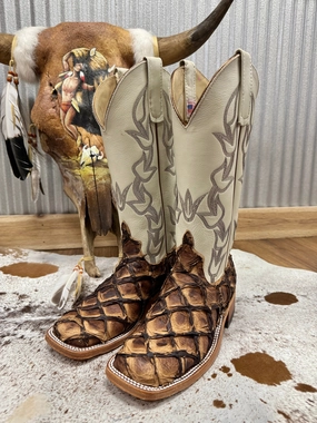 Anderson Bean Women's Brown Big Bass Arapaima & Bone Deerskin Top Square Toe Cowgirl Boots 333578 synthetic material